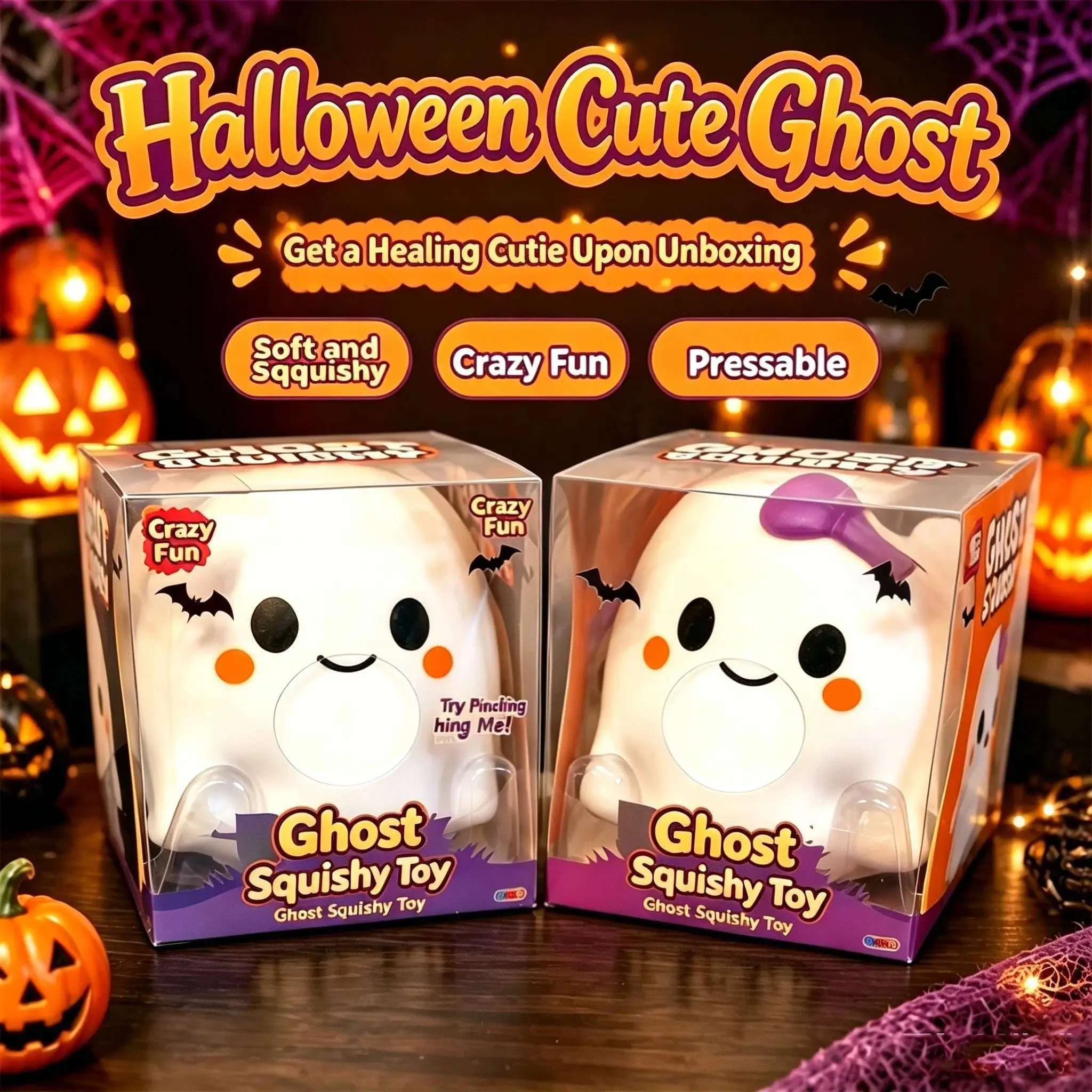 Halloween Cute Ghost Squishy Toy, Soft Bow-Design Compressible Stress Relief Toy, Perfect for Children (Festive Party Bag Gift)