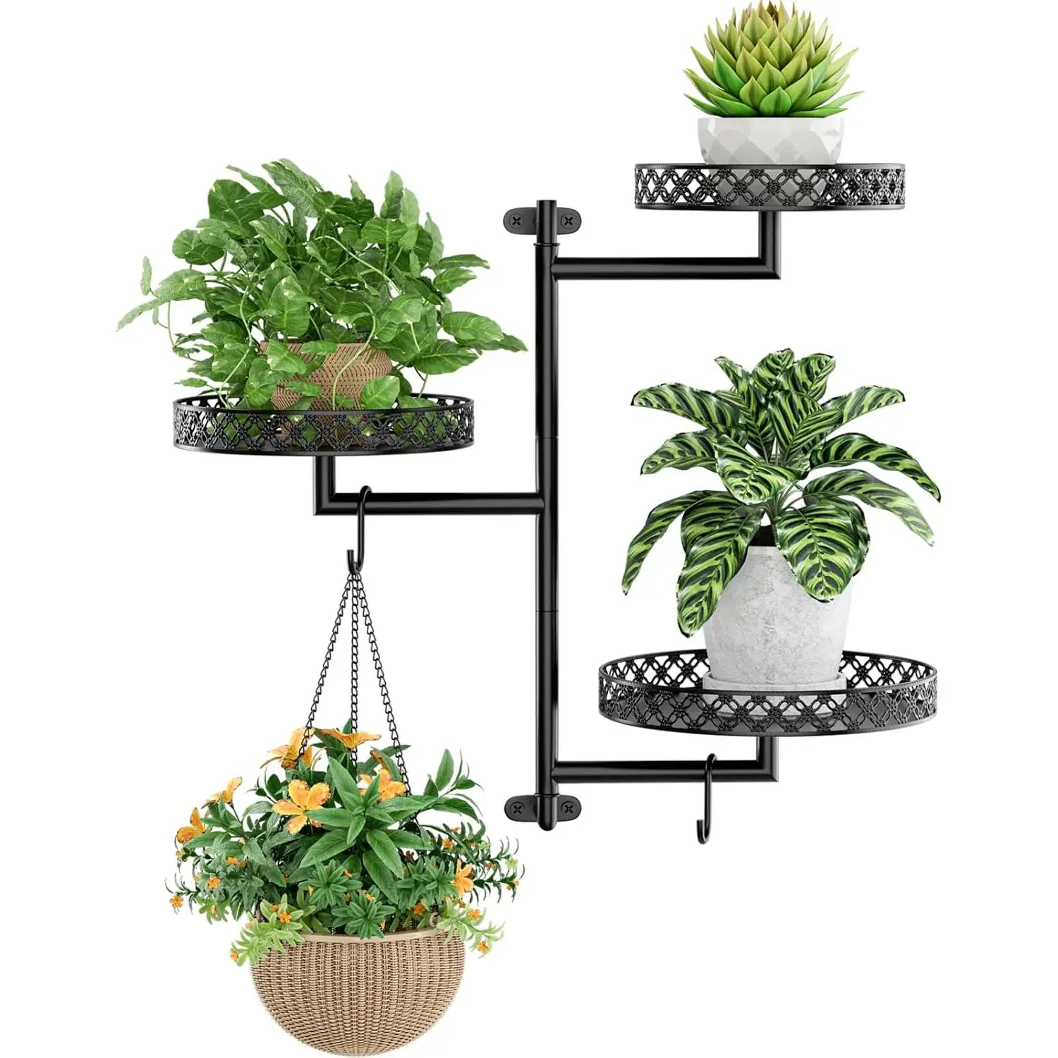 Rotating Window  Shelves - Indoor Wall  Stand 3-Tier Floral Metal Window Shelf Holder for Multiple  with  Hooks  Decor Black