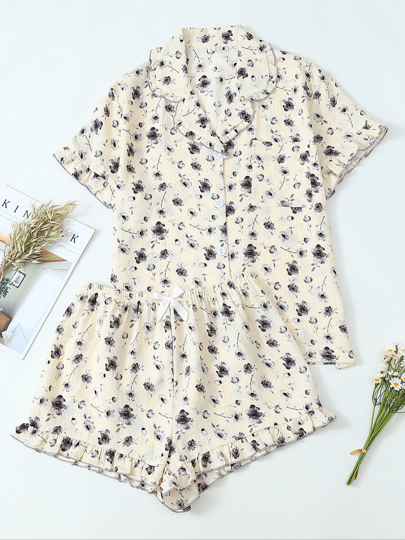 Women's Floral Print Pocket Shirt & Shorts Pyjama Two-piece Set, Casual Comfy Short Sleeve Collared Top & Shorts PJ Set, Ladies Summer Sleepwear Pajamas