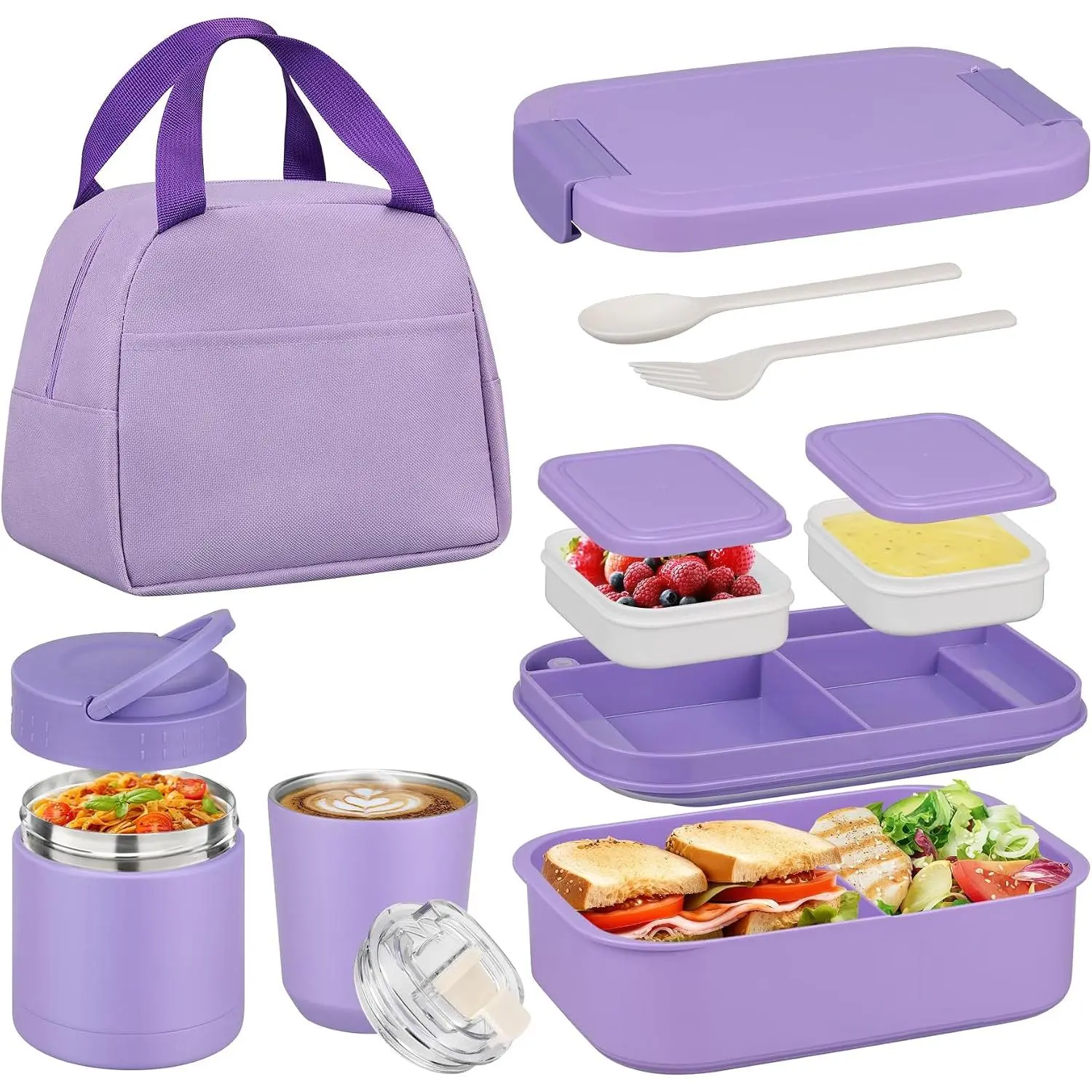 Bento Lunch Box Set with Soup Thermo Jar and Coffee Tumbler, Stainless Steel Leak-Proof 4-Compartment Container with Lunch Bag for Adults Kids School Travel Office, Purple
