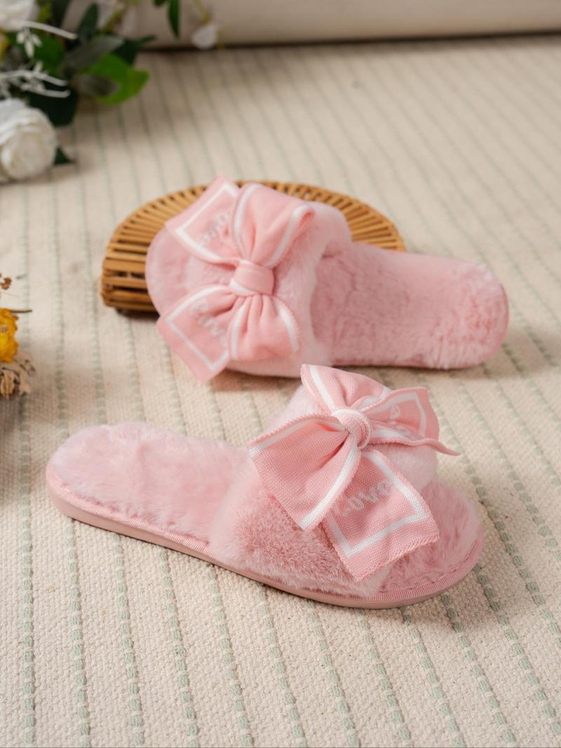Women's Plush Anti-Slip Home Slippers, Bowknot Cherry Decorations, Textile Upper, All Seasons Comfortable Shoes, Christmas Gifts For GF, Bowknot Design Slippers