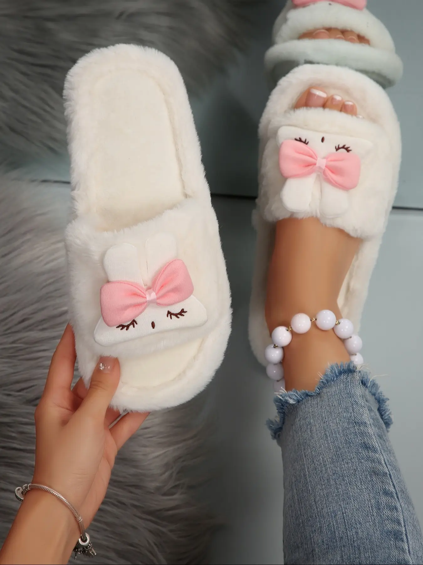 Christmas Style Bunny Bow Fuzzy Slippers for Women, Sweet Open-Toe Slip-Ons, Soft Warm Fall Winter, Halloween Party Home Casual Cotton Shoes