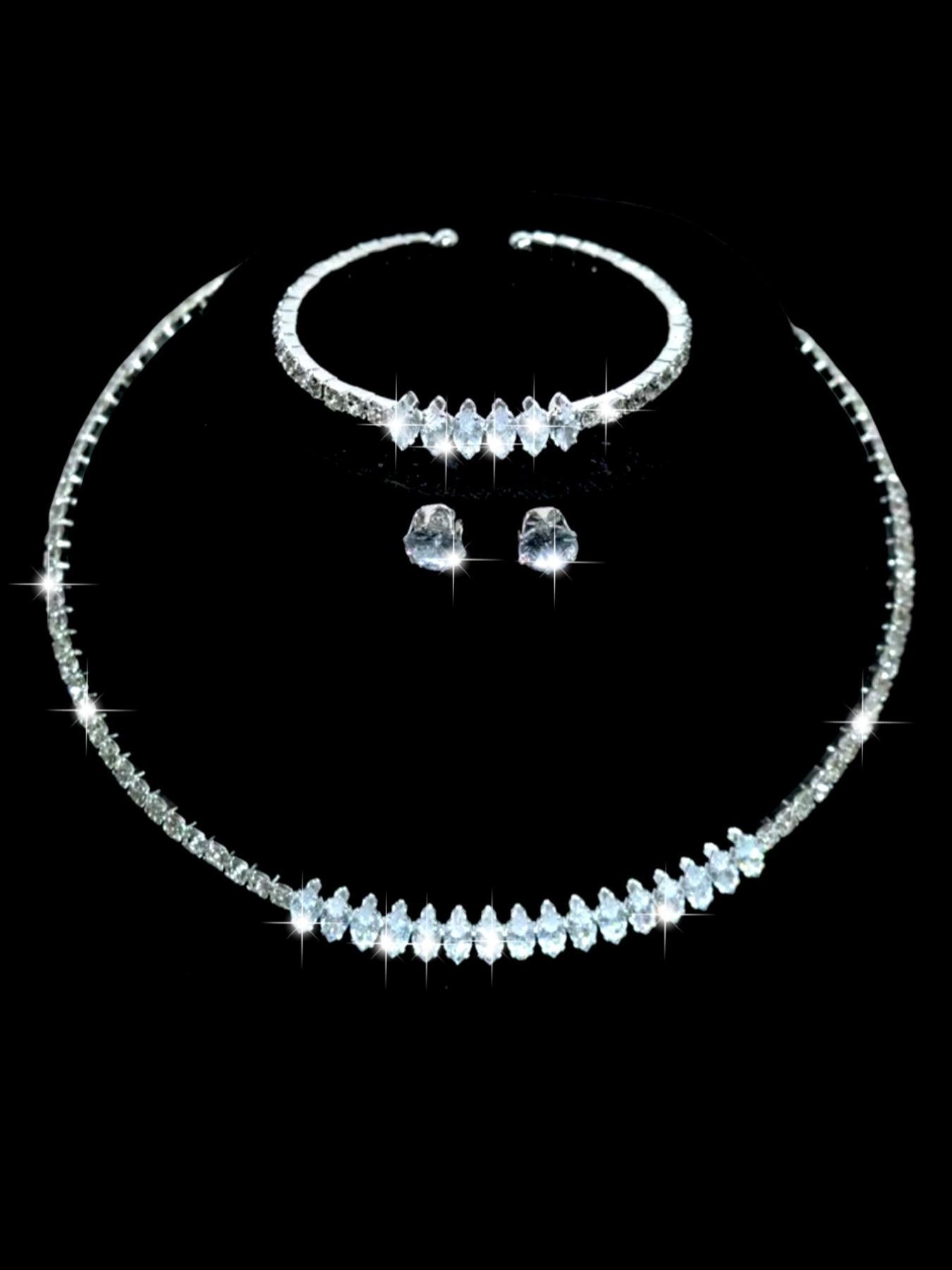Women's Elegant Rhinestone Decorated Jewelry Gift Set, Exquisite Trendy Necklace & Earrings & Bracelet, Chic Fashionable Jewelry Set for Party & Daily Clothing Decor, Matching Jewelry Set, Jewellery Gift Set
