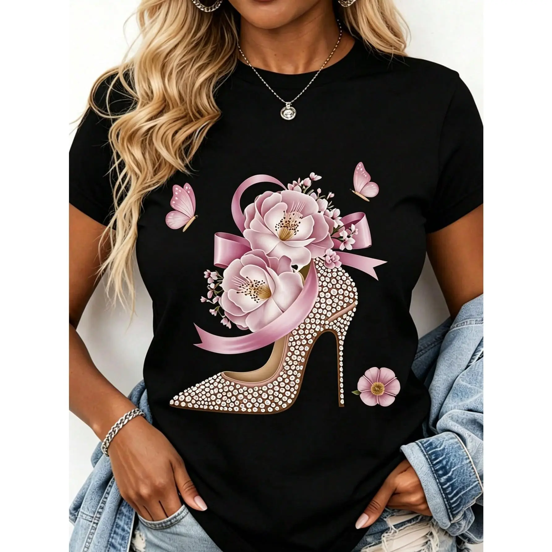 Floral High Heel Shoe Print Women's T-Shirt With Butterflies And Pink Flowers Casual Fashion Top For Everyday Wear Leisure Sport Wear