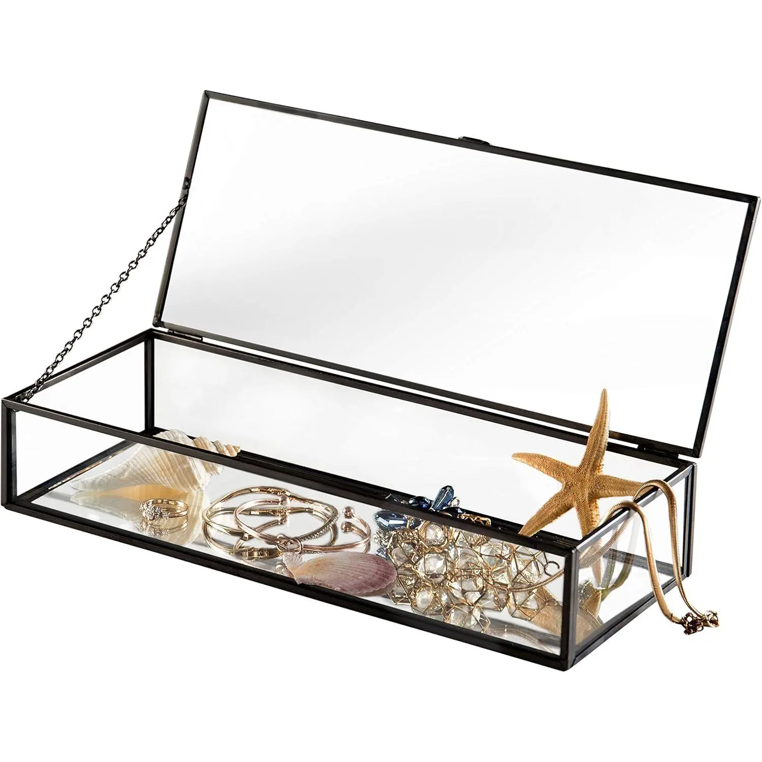 Glass  Box, Black Metal Mirrored Display Case | Clear mirrored box with hinged lid displays  and keepsakes while adding  elegance to vanities and dressers