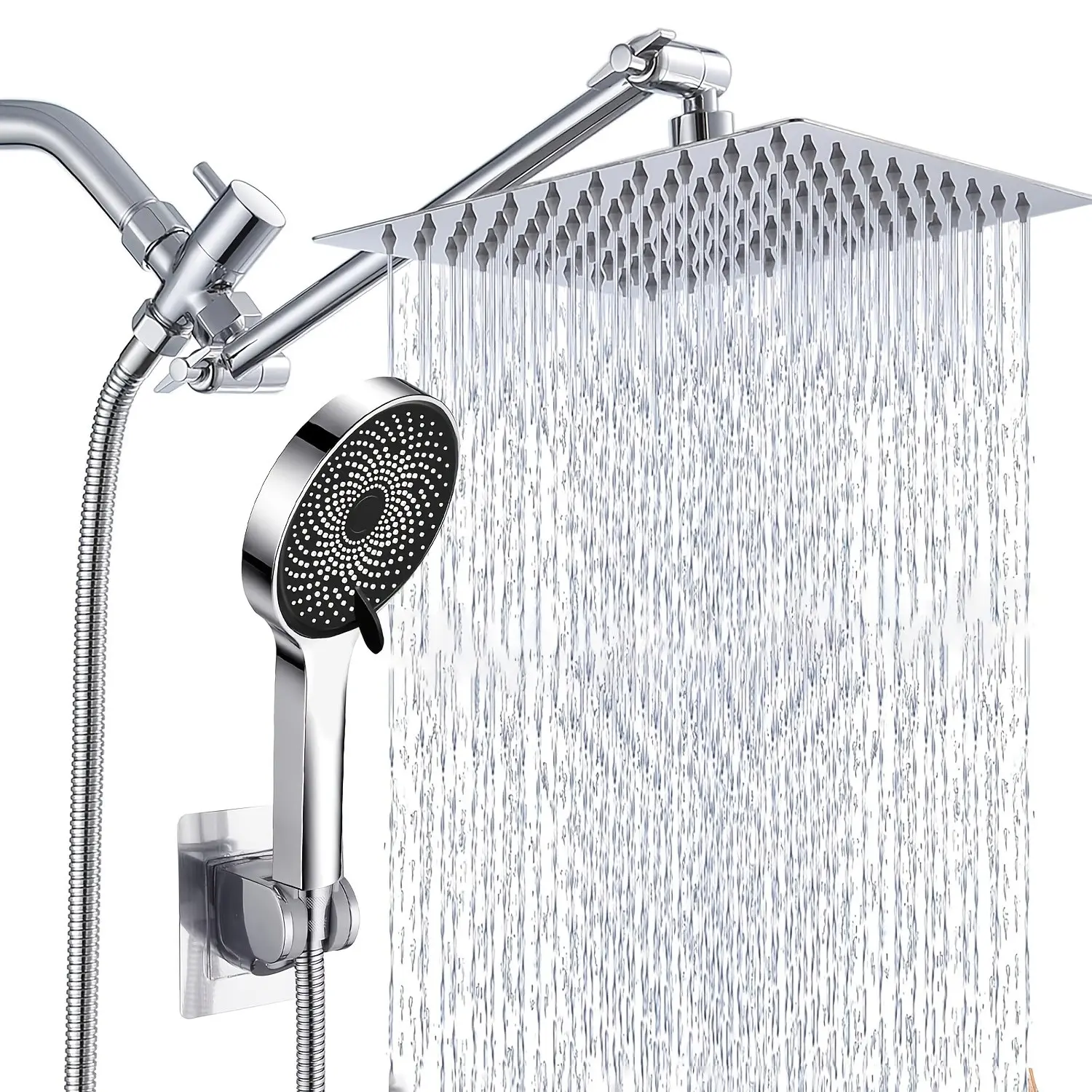 Shower Head, Rain Shower Head with Handheld Spray Combo, 8/10/12 Inch Adjustable High Pressure Rainfall Shower Head, Dual Showerhead Set with Extension Arm And 60 Inch Long Shower Hose (Silvery)
