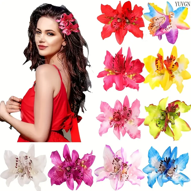 Women's 10Pcs Random Colors Tropical Orchid Duckbill Hair Clips, Multicolor Flowers Side Barrettes, Boho Leisure Outdoor Vacation Hair Accessories for Bridal Daily Hairstyle