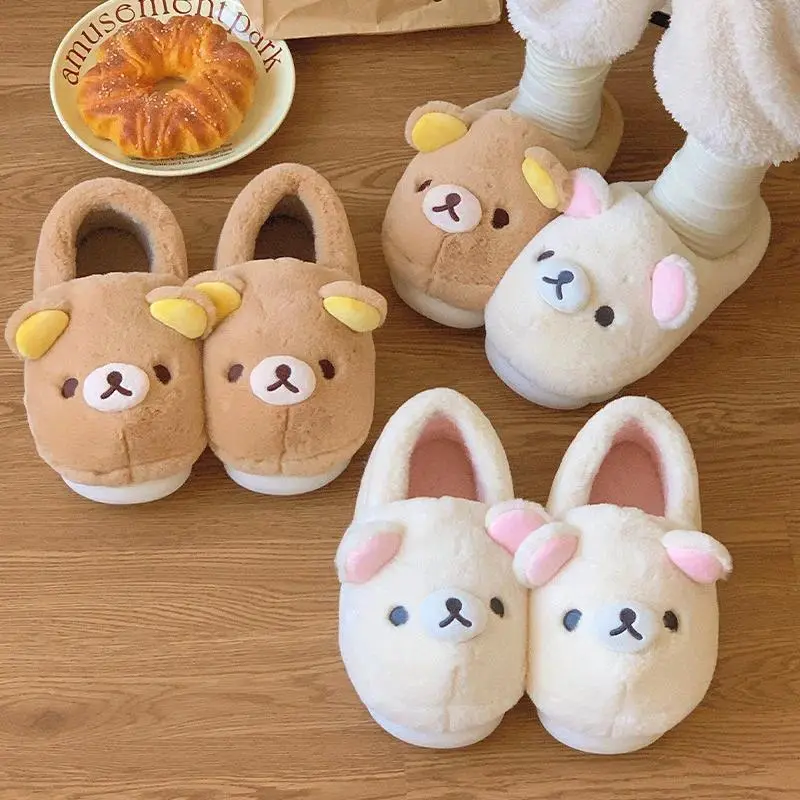 Kawaii Rilakkuma Bear Cotton Slippers - Slip-On, Closed-Toe, Flat-Heel (1 cm or less) Mules, Indoor Winter Home Footwear for Couples, Men and Women
