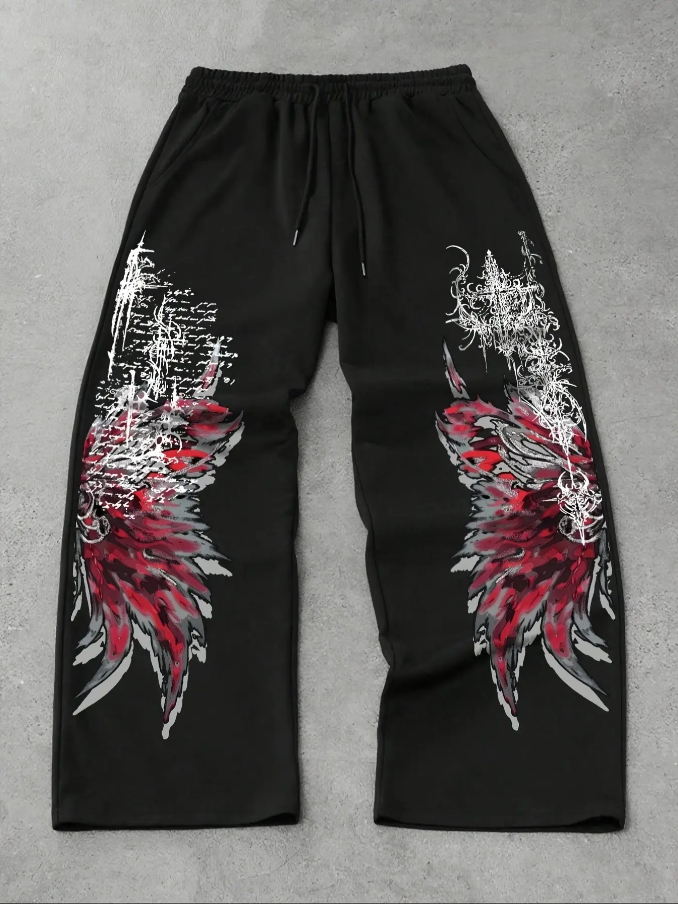 Y2K Grunge Wing Graphic Print Baggy Sweatpants Mens Gothic Oversized Track Pants Cyberpunk Hip Hop Streetwear for Casual Rave Concert Outfit