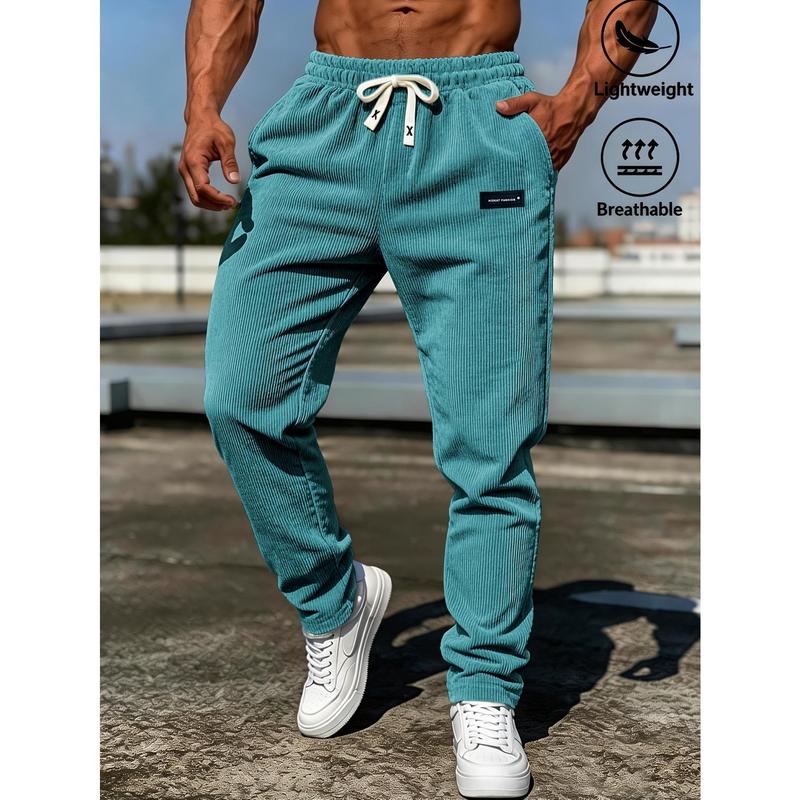 Men's Sports Corduroy Joggers - Male Clothing with Drawstring Elastic Waistband, Deep Side Pockets, Straight Leg Stripe Design, Nylon Polyamid Fabric, Suitable for Office Streetwear, Running, Daily Wear