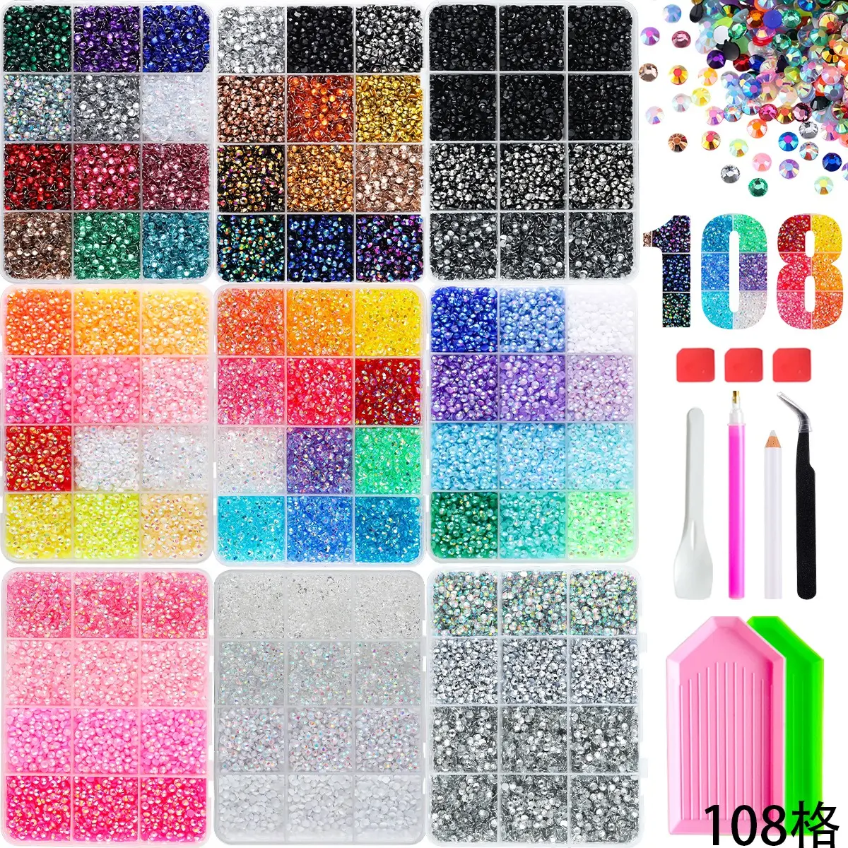 1Set 77000PCS 3mm Hot Sale AB Jelly Colored Bedazzling Nail Rhinestones Kit, Nail Gems,108 Colors Shinny Semi-circular Flatback Resin Nail Diamond Jewelry DIY Headphones Phone Cases Cups Books Nail Art Crafts