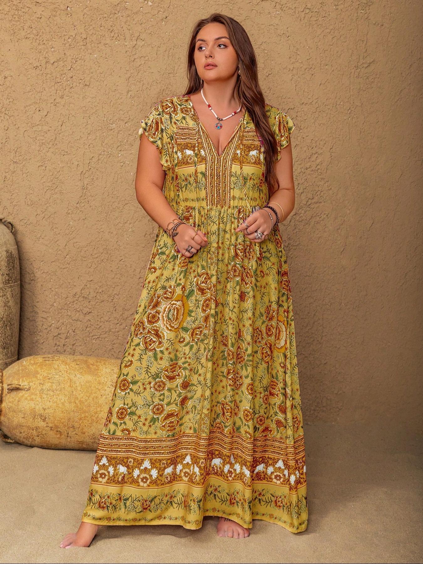 Plus Size Floral Print V-Neck Maxi Dress, Boho Fashion Casual Short Sleeve Dress for Daily Vacation Wear, Women's Clothing for All Seasons, Bohemian Sundress Plus Size Floral Print V-Neck Maxi Dress, Boho Fashion Casual Short Sleeve Dress for Daily Vacation Wear, Women's Clothing for All Seasons, Bohemian Sundress