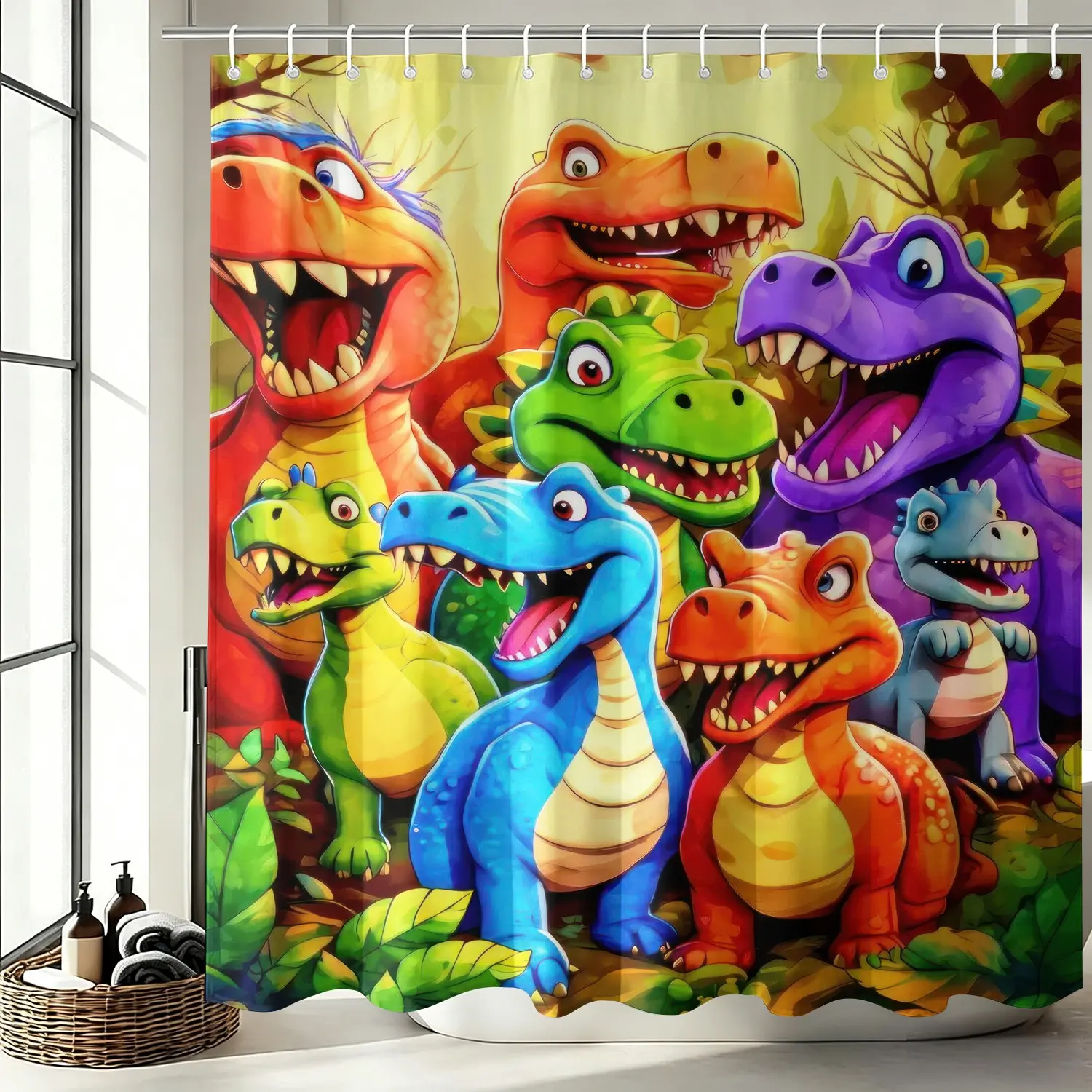 Funny Cartoon Dinosaur Jungle Shower Curtain, Waterproof Cloth Fabric Bathtub Curtain 72"x72" with 12 Hooks, Colorful Wild Dino Theme Shower Curtain Set, Cool Gift Bathroom Decor Accessories For Kids Boys Dinosaur Fans, Funny Shower Curtains For Bathroom