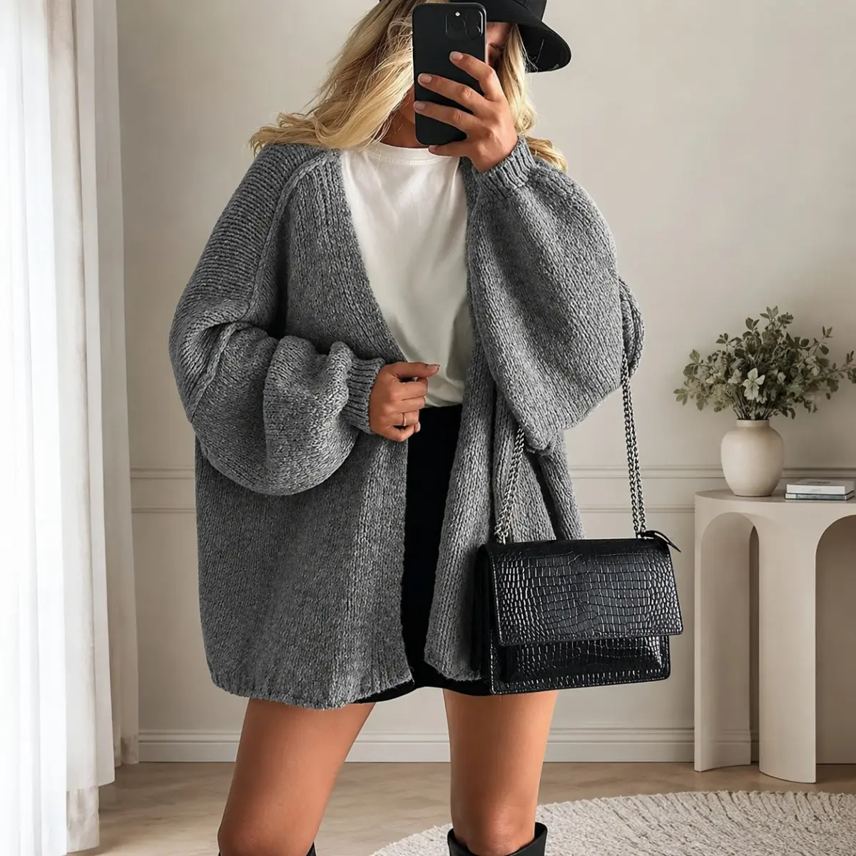 Yulabra Oversized Bubble Puff Sleeve Open Front Chunky Knit Cardigan Loose Fall Casual Sweater Coat For WomenWomen Solid Color Oversized Open Knit Cardigan Soft Warm Everyday Casual Long Sleeve Sweater Outerwear