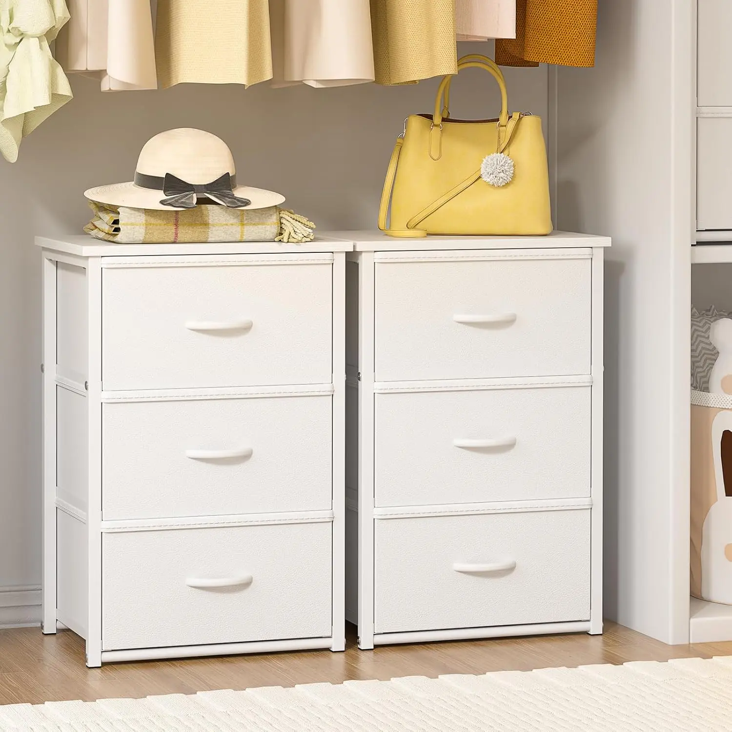 2-Pack Stackable Storage Drawers (6 Drawers Total), White Closet Organizer with Wooden Top & Metal Frame, Freestanding or Stackable Dresser for Bedroom, Living Room, Under Bed