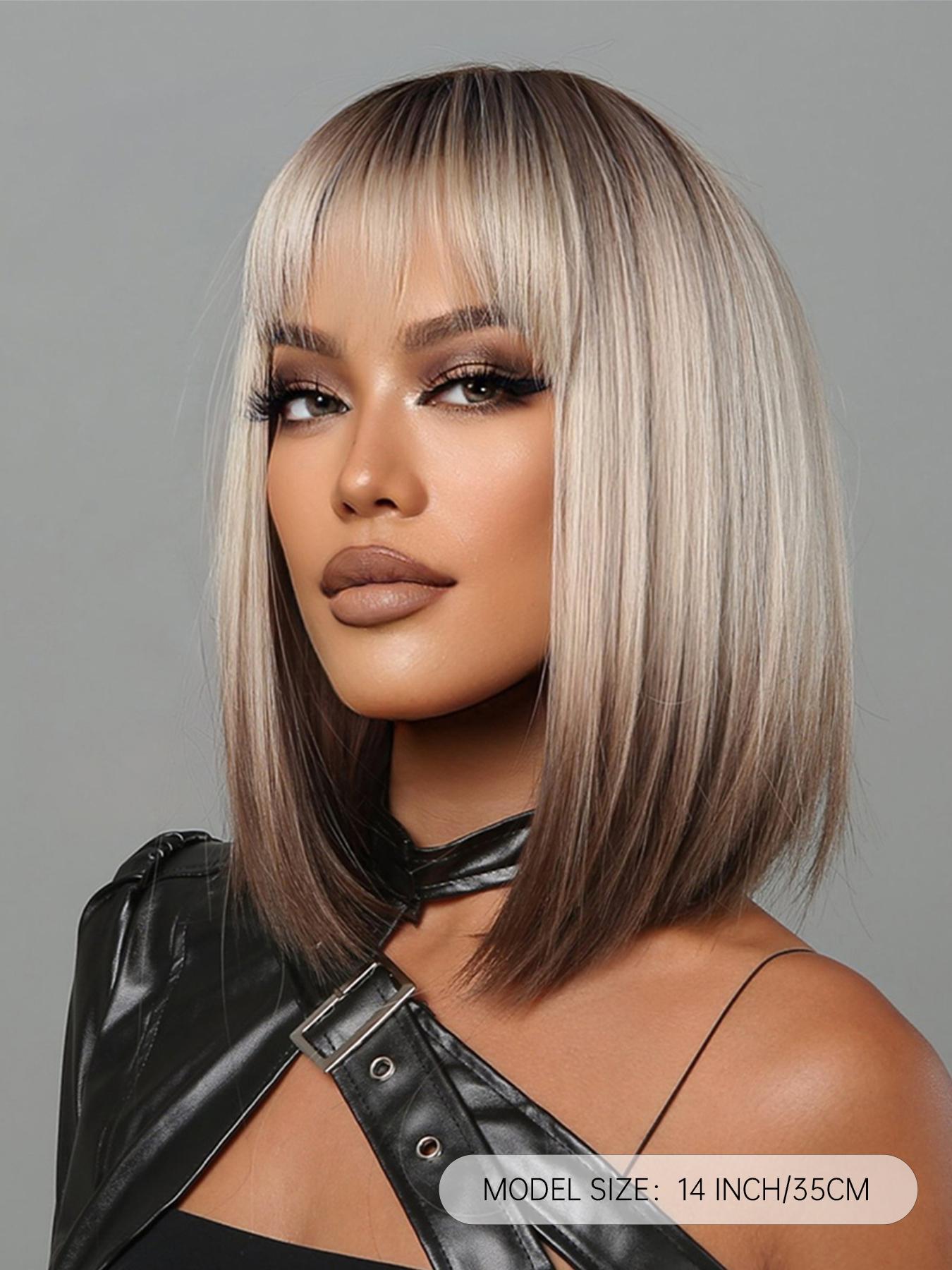 1 Piece Two Tone Ombre Synthetic Short Highlight Bob Style Wig with Bangs, Synthetic Fiber Wigs, Fashionable Straight Hair Cut