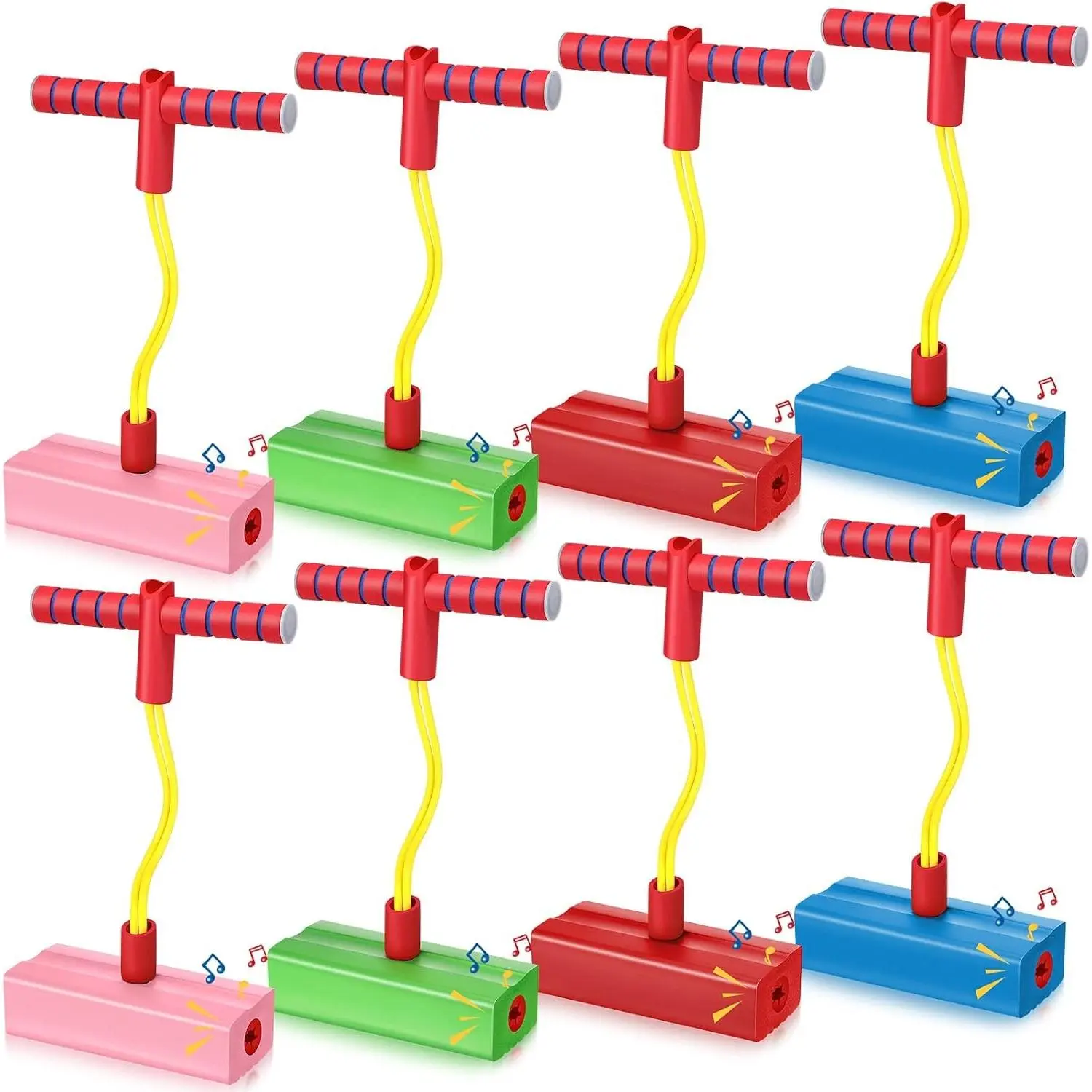 8 Pcs Foam Pogo Jumper, Promote Grow Tall Pogo Stick, Safe Fun Jumping Stick with Squeaks Each Hop for Teens Boys Girls, Indoor Outdoor Halloween Christmas Gift Stuffer, 4 Colors