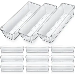 12 Pcs 9 x 3 x 2 Inches Clear Plastic Rectangle Drawer Organizer Trays Storage Bins Drawer Dividers for Makeup Vanity Office Desk Silverware Kitchen Utensils (Clear)