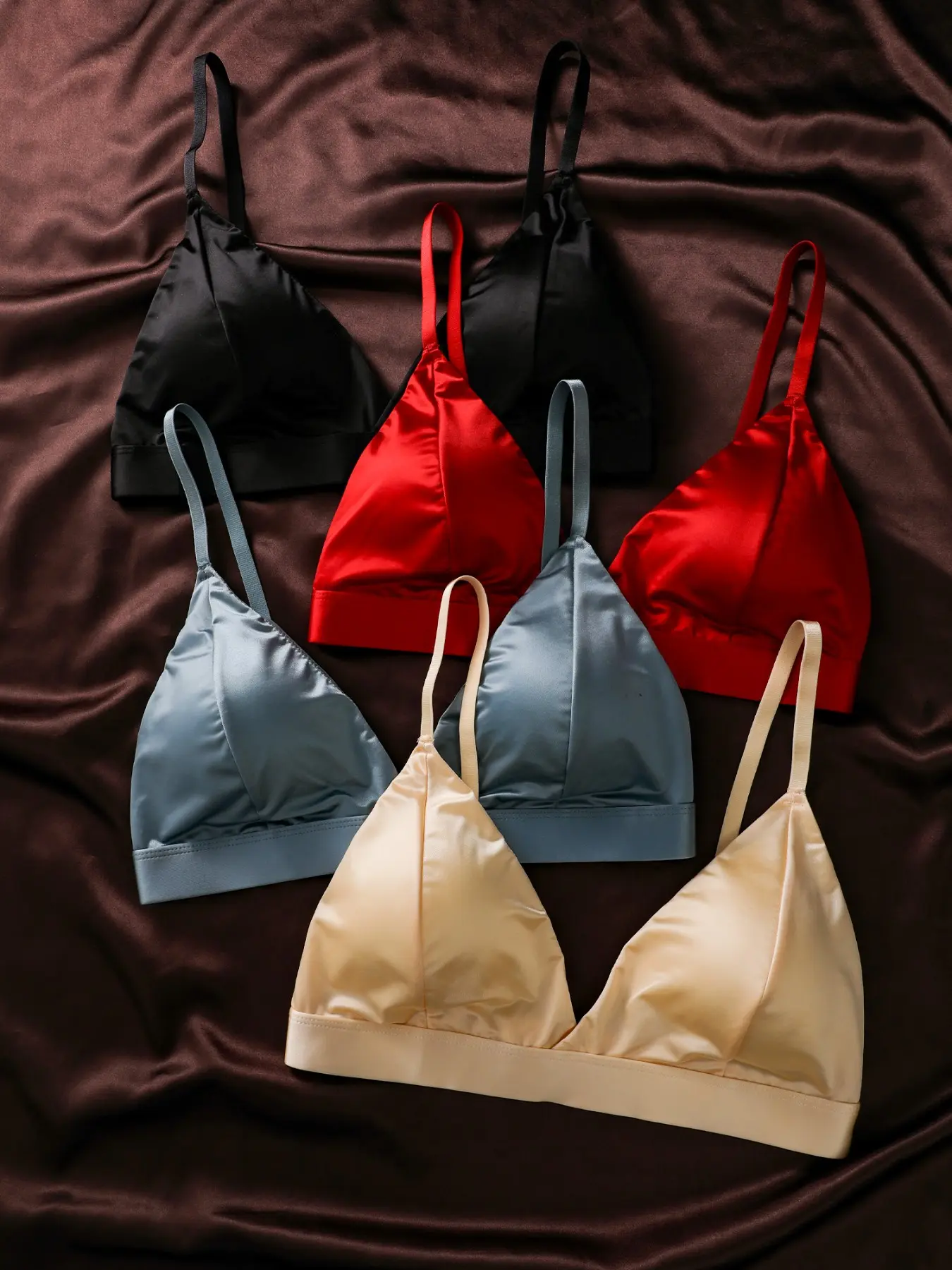 4-Pack Biweier Satin Solid Color Wireless Triangle Bra, Removable Pads, Comfortable, Soft & Sexy, Casual, Seamless Underwear for Daily Wear & Commute
