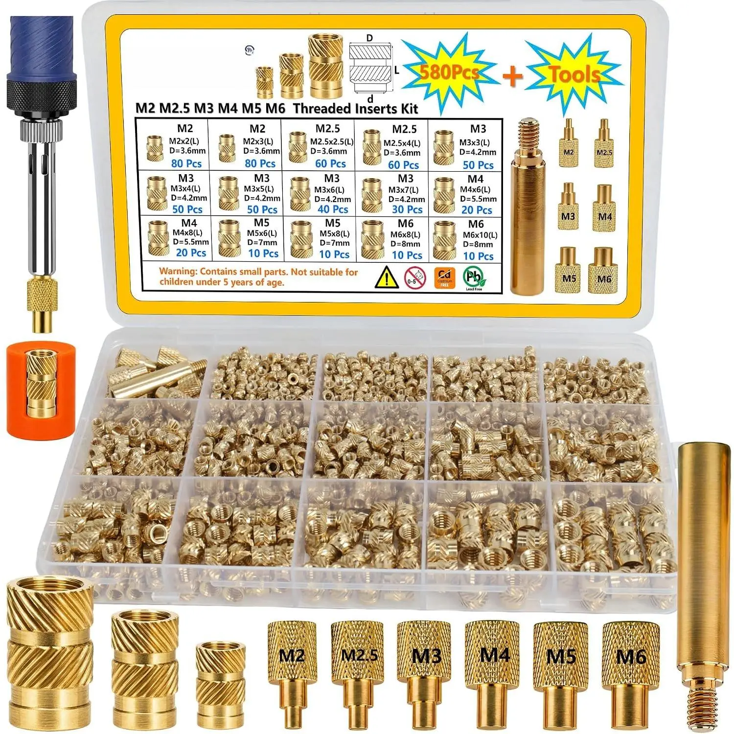 580+7PCS Heat Set Threaded Inserts Kit, M2 M2.5 M3 M4 M5 M6 Metric Brass Threaded Inserts , Knurled Inserts with Heat Set Insert Tool, for  Printing Components, Plastic , DIY Projects