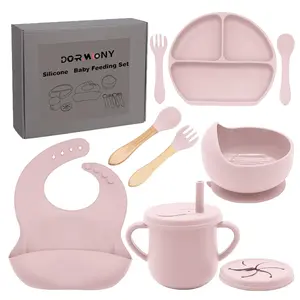 100% Silicone baby feeding set,BPA free Baby dishes set with Suction Bowl Divided Plate,Toddler Self Feeding Dish Set with Spoons Forks Sippy Cup And Bib, Baby Eating Utensils (Lilac)