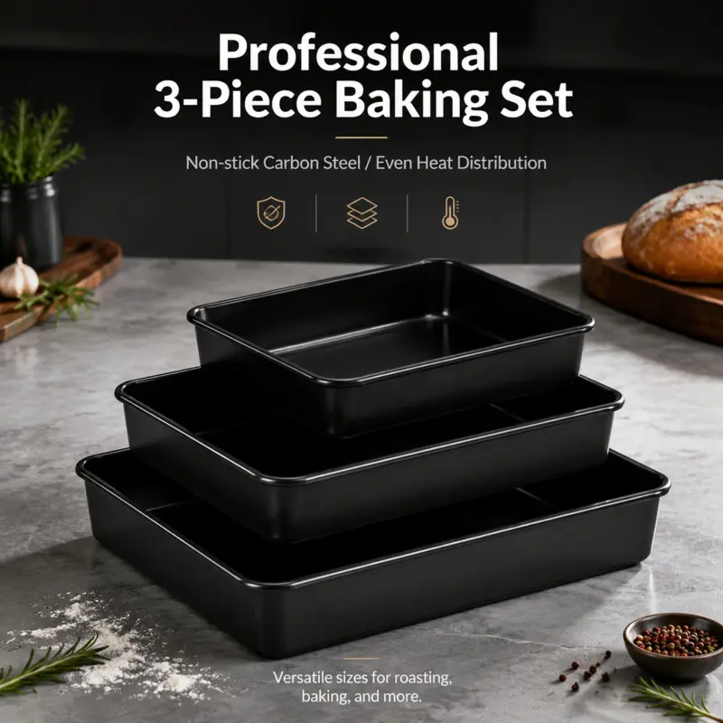 3 Piece Non-Stick Carbon Steel Baking Pan Set Stackable Rectangular Roasting Trays Even Heat Distribution Oven Safe Bakeware For Baking Roasting Cooking Baking Pans Set