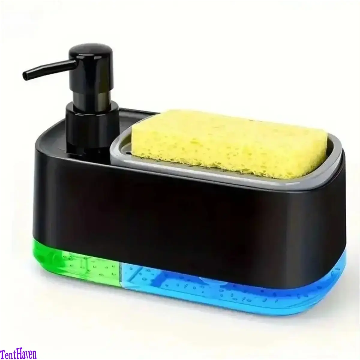 2-in-1 Kitchen Soap Dispenser with Sponge Holder - Single Unit Kitchen Bath Sink Caddy Organizer, Dishwashing Liquid Pump Dispenser, Countertop Storage Accessory, Functional