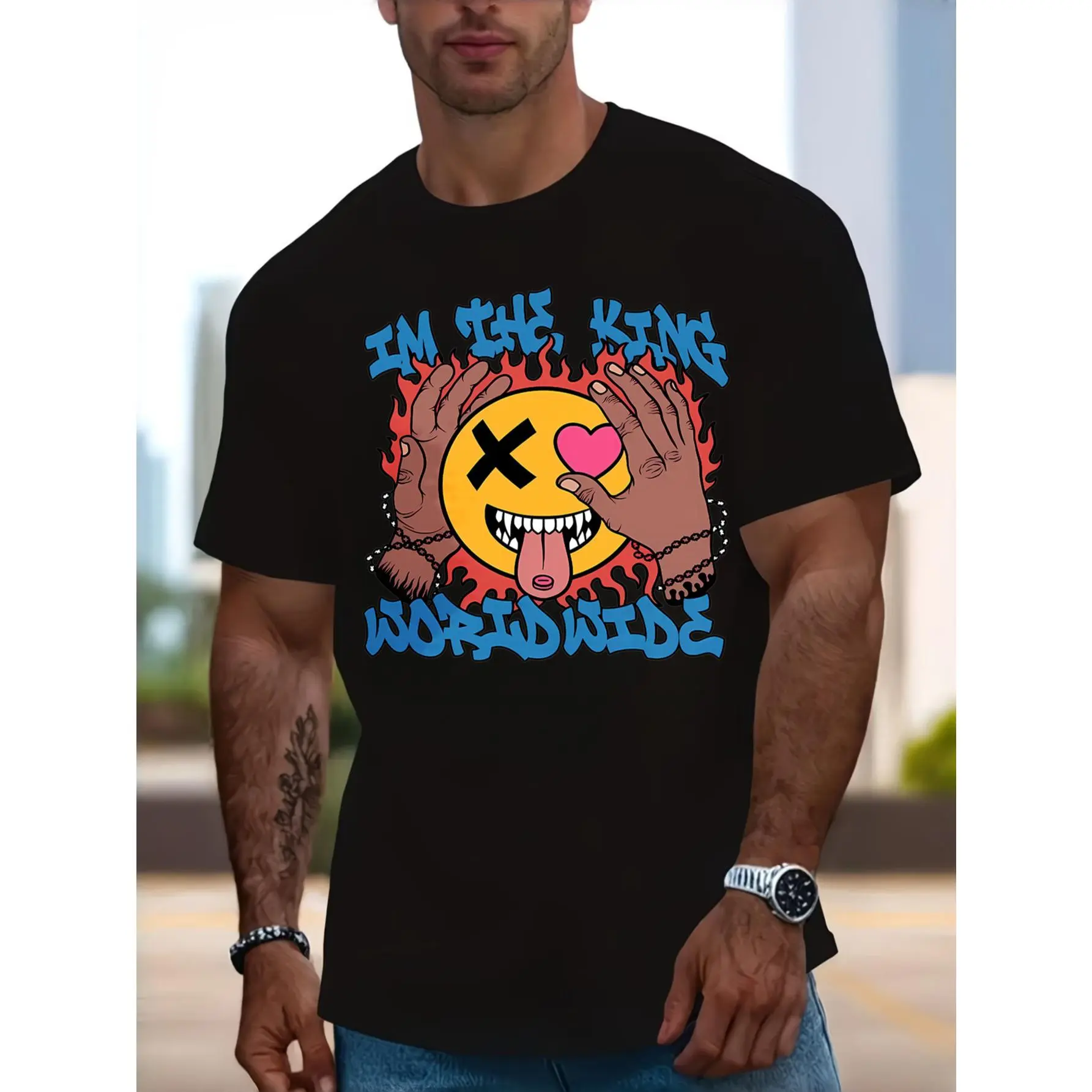 Casual Streetwear Style, Men's T-Shirt, I'm The King Worldwide Graffiti Emoji Graphic Print, Summer Daily Wear, Gift For Boyfriend Or Friend