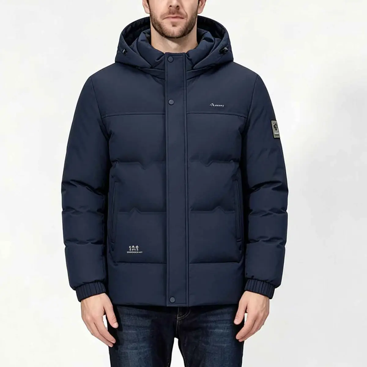 Men's hooded winter fluffy plush jacket with zipper and snap on lining short jacket, adjustable drawstring hood pocket, decorative logo print, elastic knitted cuffs, windproof thick lining jacket, suitable for daily commuting, hiking, and outdoor activiti