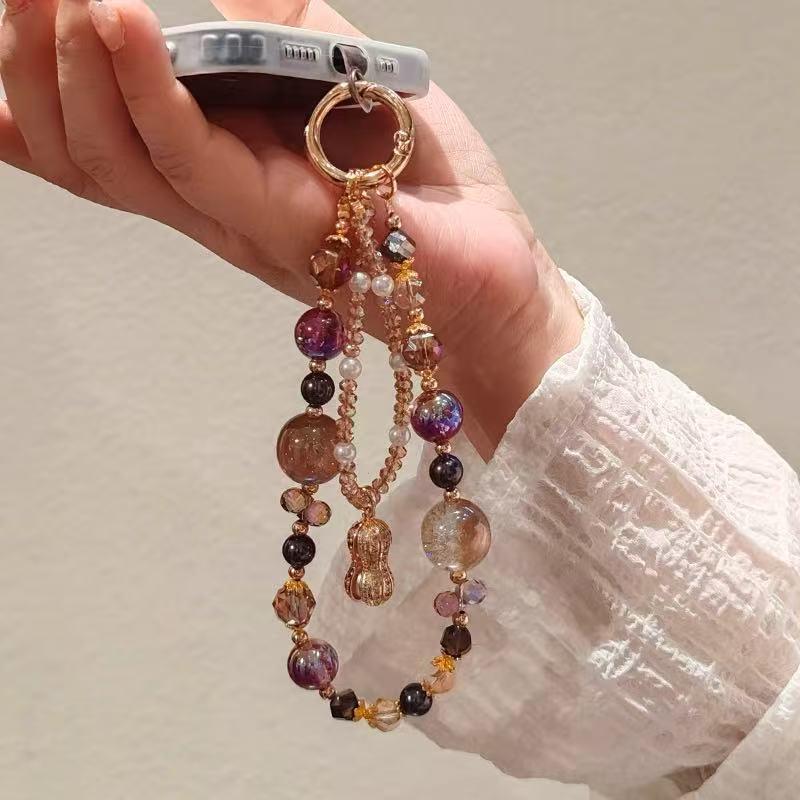 Luxurious and sophisticated mobile phone wrist strap with pink butterfly pendant, short style, niche and exquisite crystal chain, universal