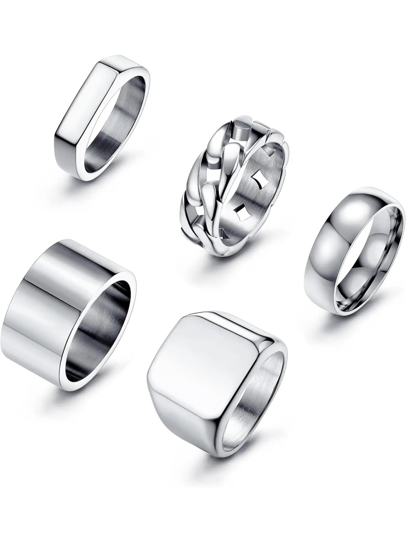 5pcs 14k Rings for Men, Stainless Steel Square Signet Rings, Chunky Thick Band, Cuban Link Chain Design, Sizes 7-15, Rings Set