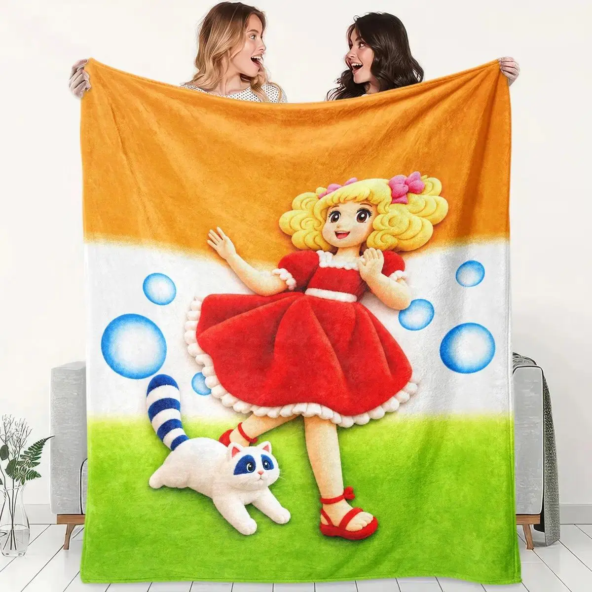 Cooling Flannel Blanket for Kids - Polyester, Cartoon Girl & Cat, Colorful Blocks Print, Flannel Texture, Cooling Effect, Home Sofa Bed Travel Gift