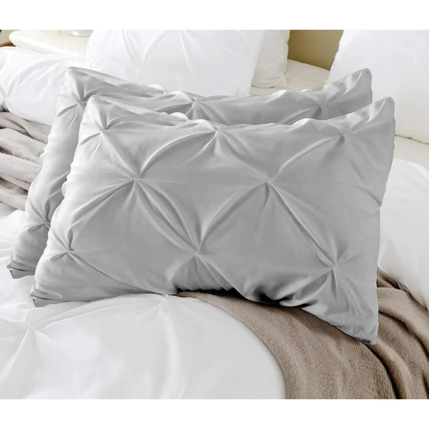 Pillow Shams Standard Set of 2 Silver Grey Pink Pleated 100% Cotton