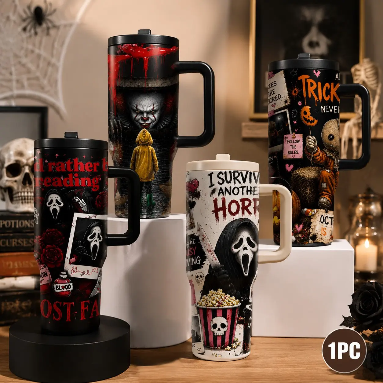 1PC 40oz Scream Halloween Insulated Tumbler with Handle, Horror Movie Theme Stainless Steel Travel Cup, Double Wall Vacuum Water Bottle, Leak Proof Coffee Cup, Cup Holder Friendly, Coffee Mug for Daily Drink, School, Travel, Gift for Halloween Lovers