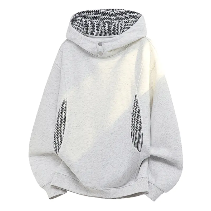 Men's Hooded Sweatshirt - Menswear Tops, Stylish Fashion Long Sleeve, Soft Fleece Fabric, Relaxed Oversized Fit, Snap-Button Collar Closure, Houndstooth Woven Hood Inner Lining, Side Pockets, for Casual Streetwear