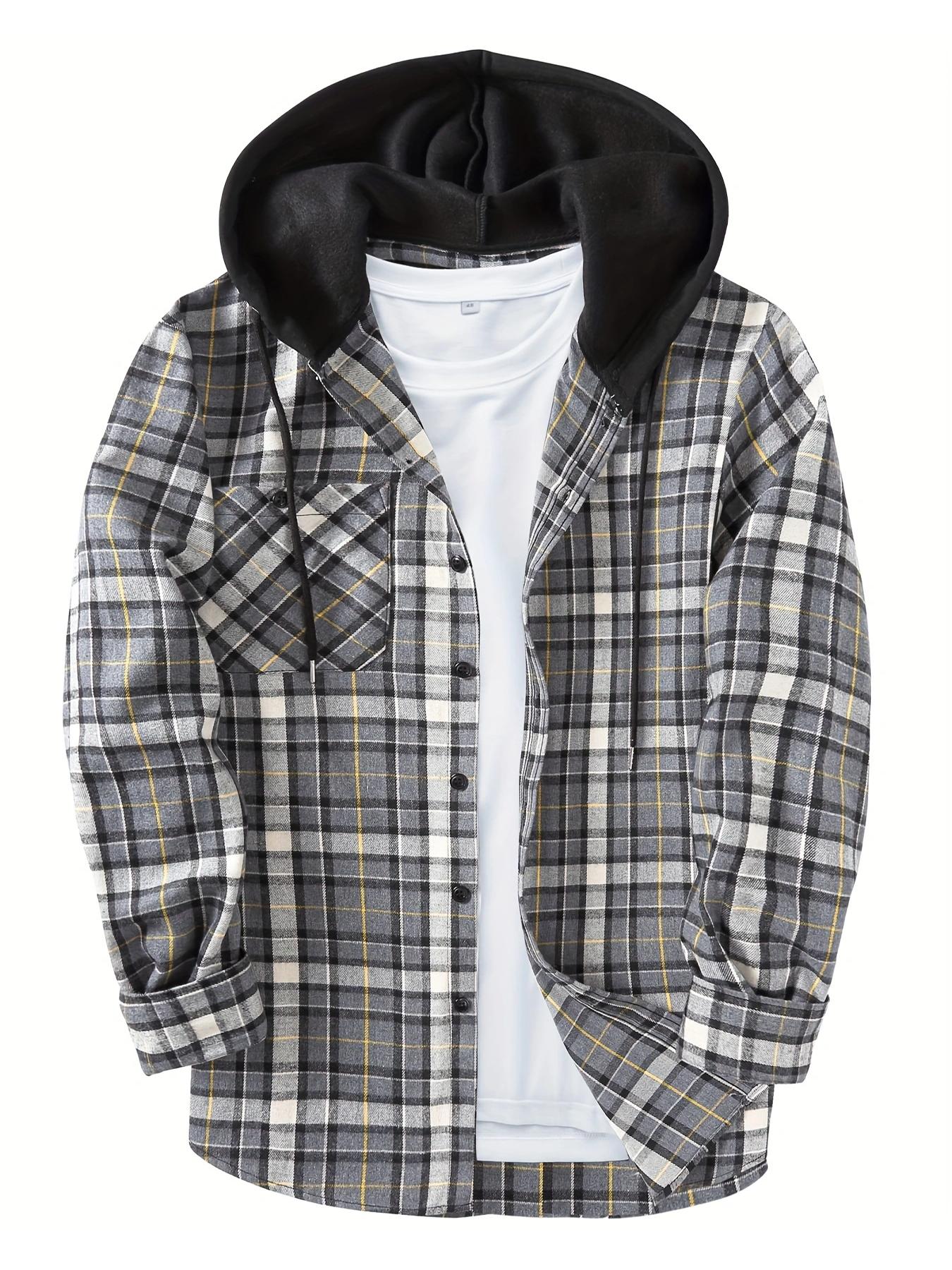 Men's Plaid Button-Front Drawstring Hooded Shirt, Regular Fit Casual Long-Sleeve Outerwear with Pockets for Spring and Fall, Men's Clothes for Daily Wear