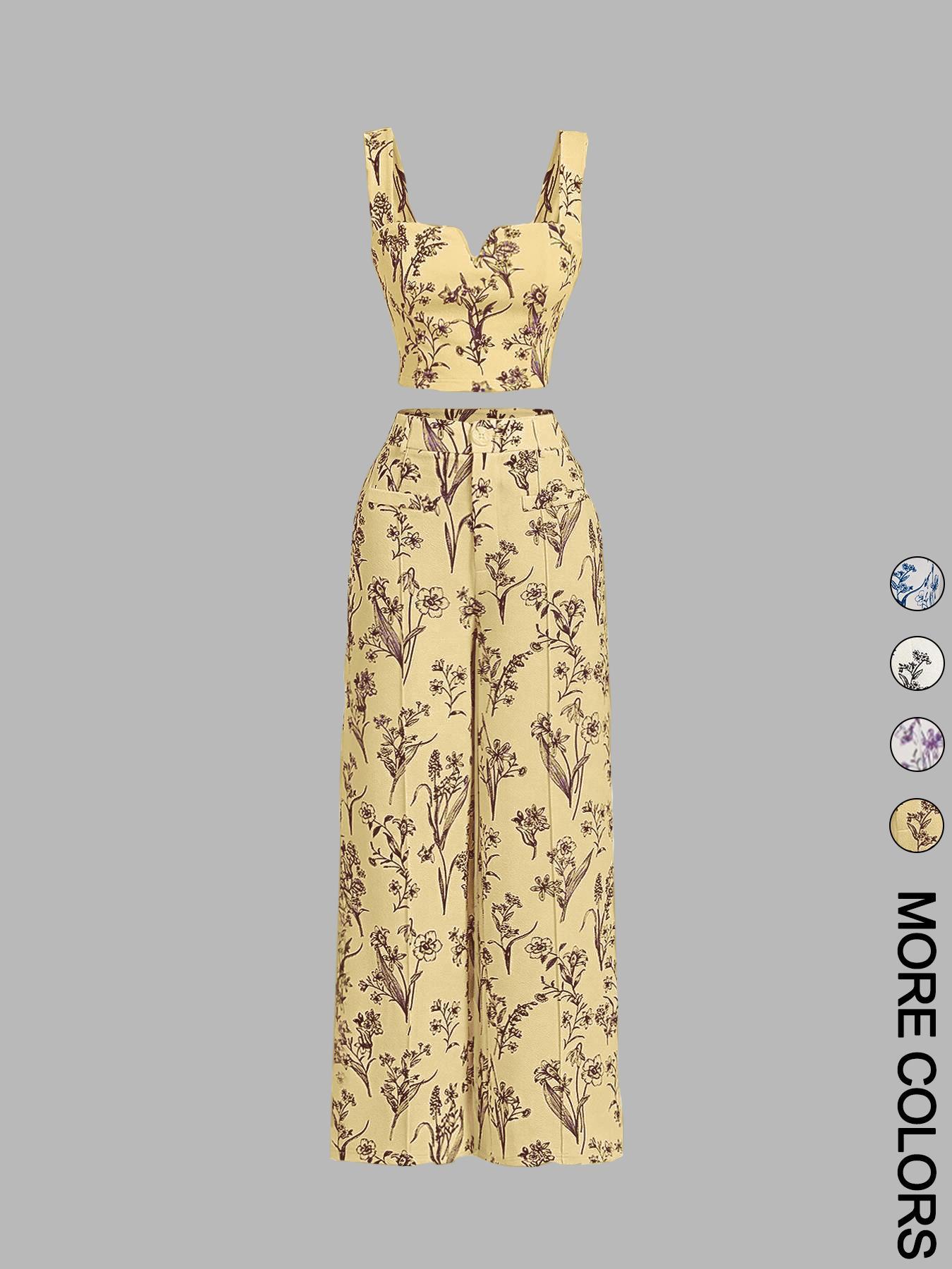 Women's Plants Print Tank Top & Wide Leg Pants Two-piece Set, Casual Sleeveless Top & Pants for Daily Wear, Ladies Summer Clothes