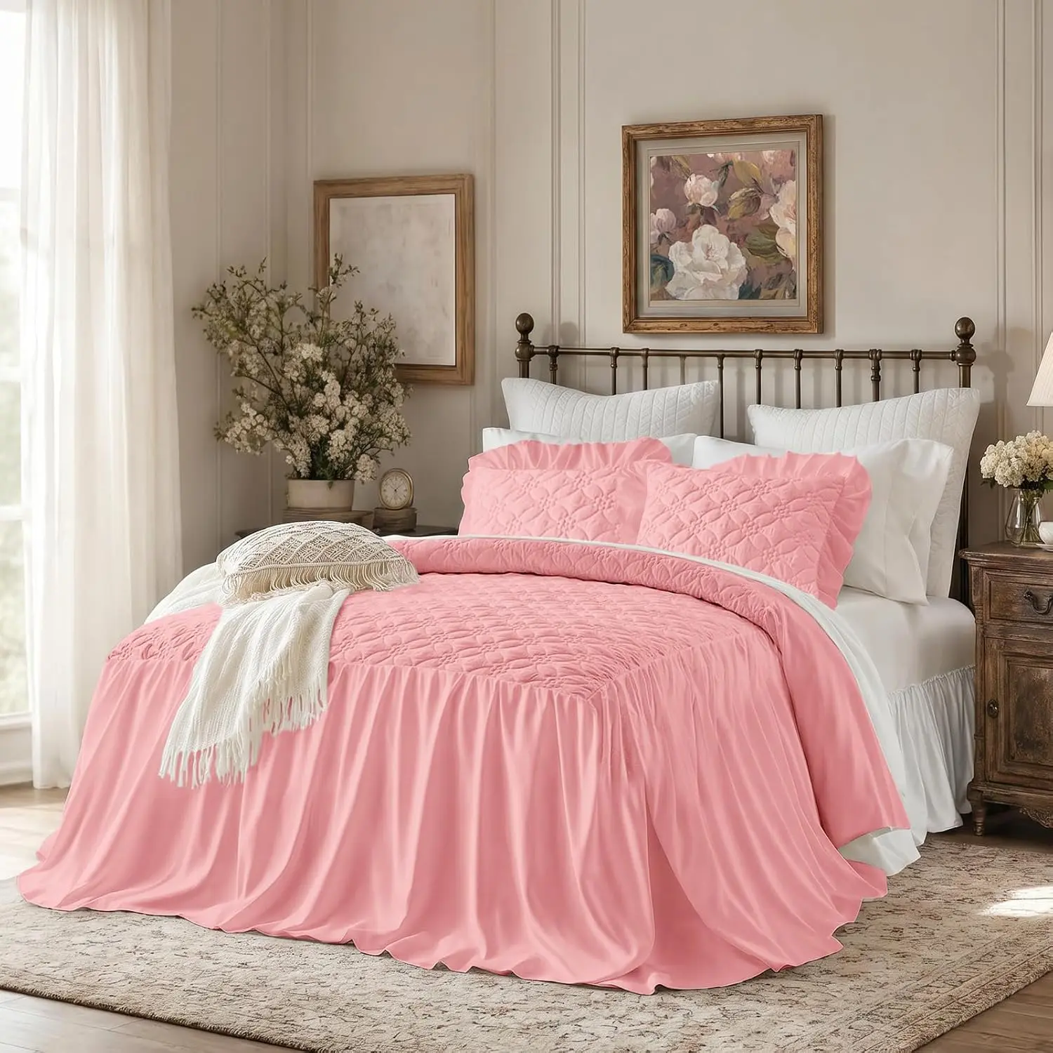 Ruffle Skirt Bedspread Set Flower Style - 30" Long Drop - Vintage Chic Ruffled Summer Bed Spreads Coverlet Boho Bedding Farmhouse Style Luxurious Rustic 3 Piece Set Twin Szie Pink