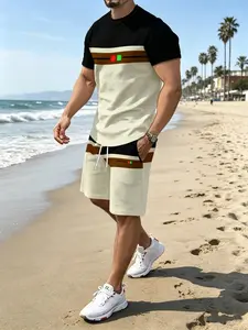 Men's New Fashion Striped 3D Print Casual Short Sleeve Outdoor Sports Tropical Set, Loose-Fitting, Long Length Tee and Shorts Clothes, Menswear
