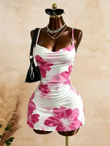 Women's Trendy Fashion Casual Holiday Watercolor Floral Tie-Dye Summer Vacation Drop Shoulder Halter Short Dress Casual Boho Chic