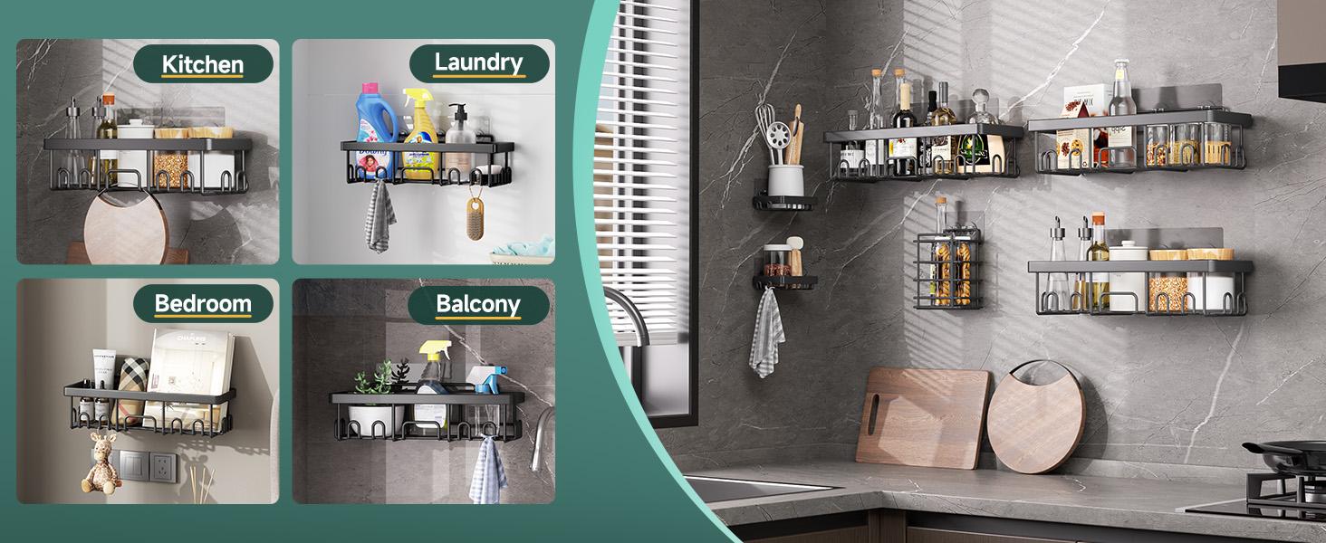 Shower Caddy 6-Pack, Advanced Rustproof Design, No Drilling Adhesive Shelves, Rack with Soap Holder, Large Capacity Bathroom Organizers and Storage, Wall-Mounted Kitchen & Home Decor