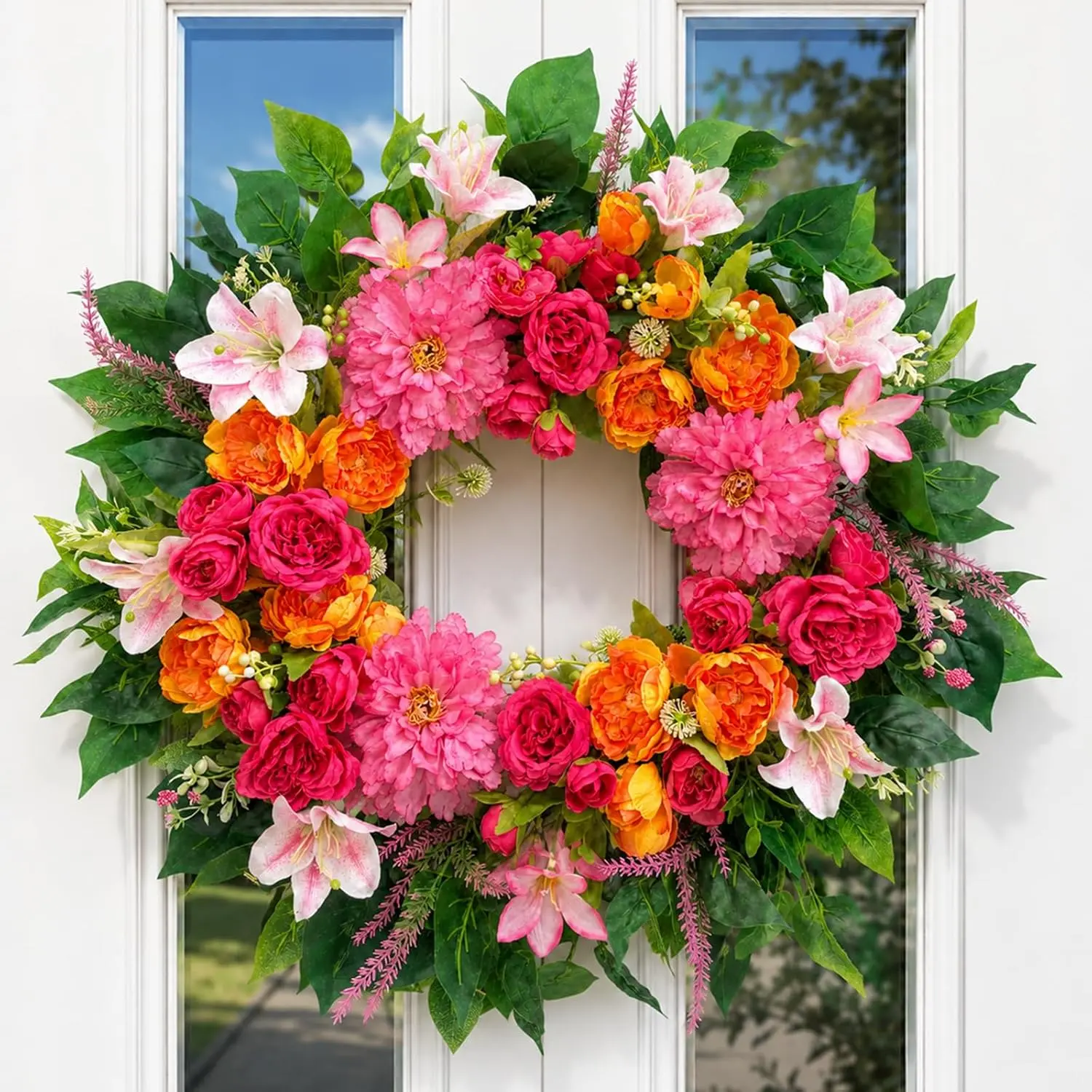 24-Inch Artificial Spring Floral Wreath, Full & Lush Peony-Rose-Hibiscus-Lily Decorative Wreath for Front Door, Farmhouse Home Wall Decor, Floral Gift for Summer