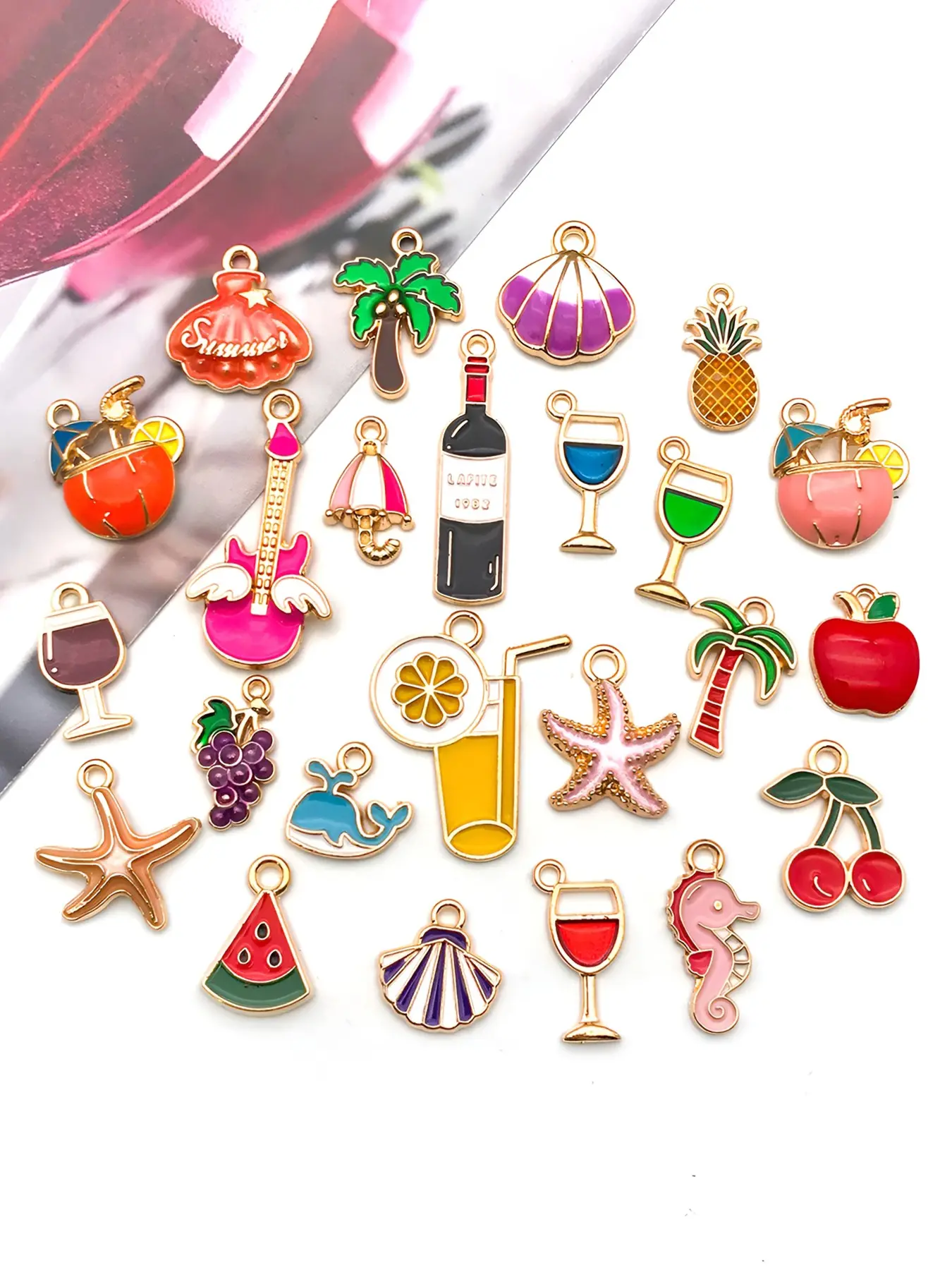 24pcs Mixed Fashion Enamel Beach Holiday Decorative Charm Juice Fruit Starfish Cute Pendant for DIY Summer Jewelry Earrings Necklace Making Accessories