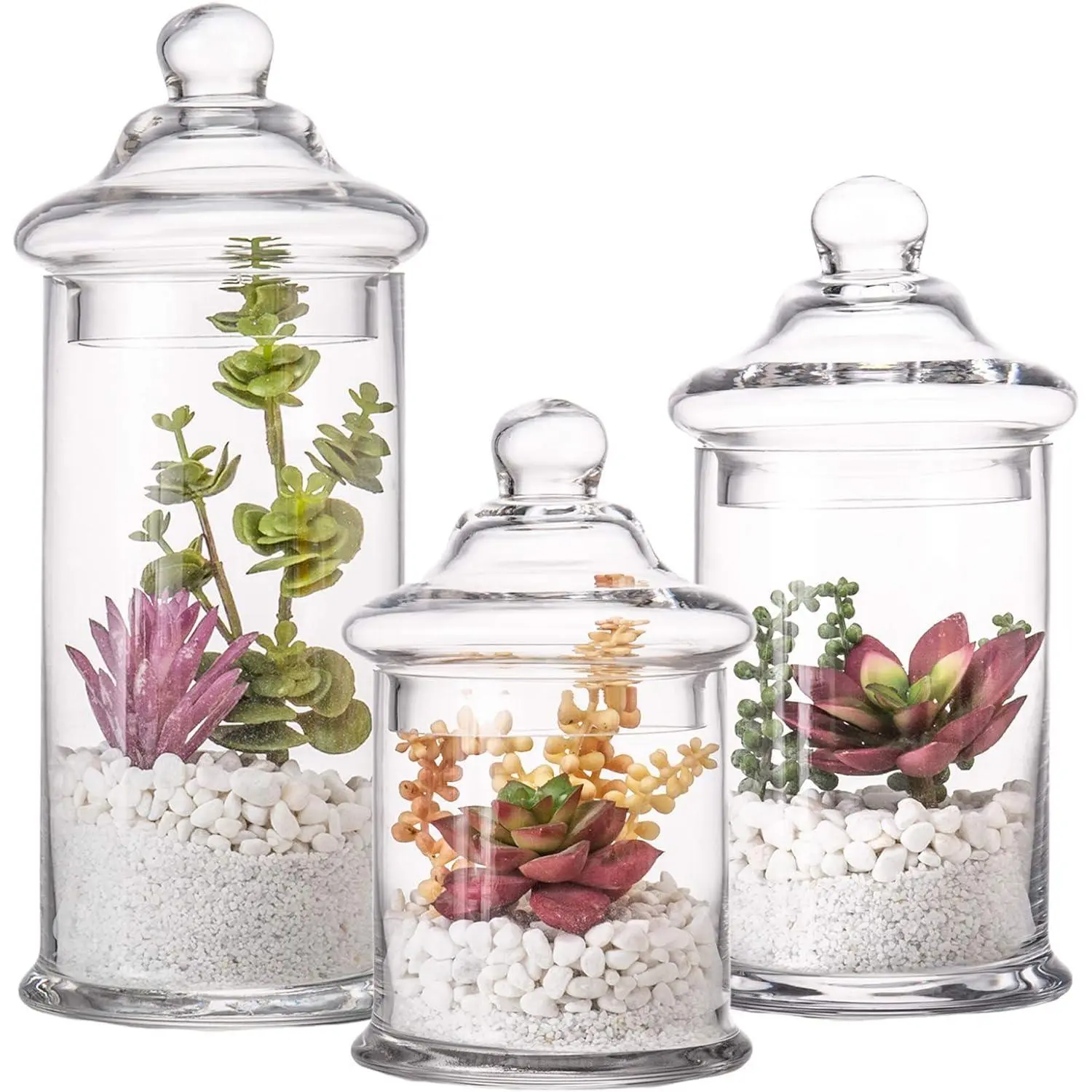 Traditional Christmas Decorative Glass Airtight Apothecary Jars with Lids - 3-Piece Canister Set (11in, 8.5in, 7.5in Heights) - Pet Supply Storage with Scoop, Vanity-Desk-Bathroom Home Organization Gift