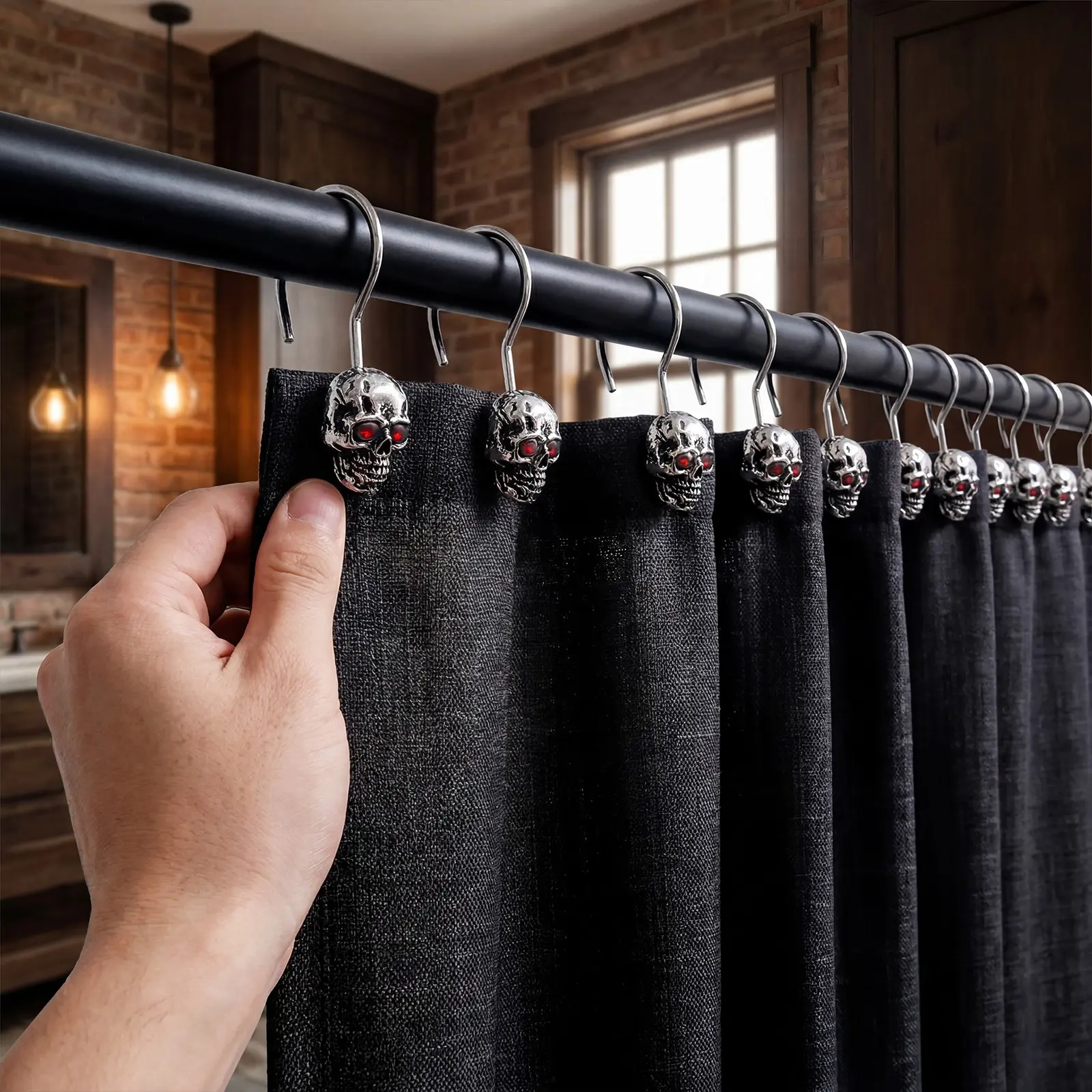 12-Piece Red Eye Skull Bath Curtain Hooks, Durable Stainless Steel, Rust-Resistant, Modern Bathroom Decor, Easy Installation, Waterproof Design, Decorative Shower Curtain Hooks