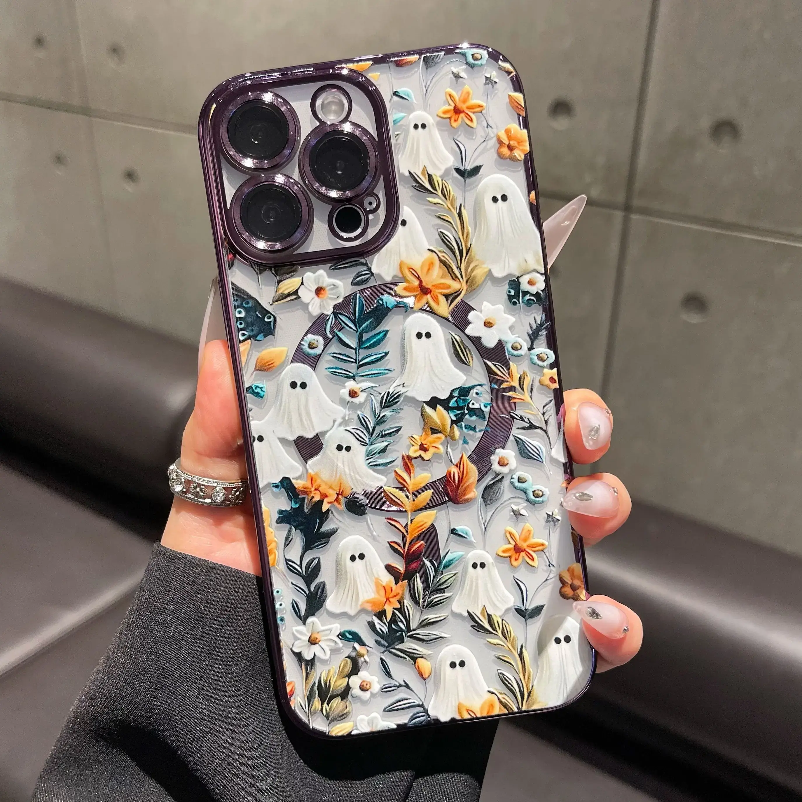 Magnetic Halloween Cute Ghost Flower TPU Phone Case with Silver+Glitter Card, 1-Piece Lens Film for iPhone 17Pro Max,16,15,14Plus,13,12,11 - Advanced Shockproof, Durable Silicone Casing, Girl Gifts HY25, Iphone 15, One-Piece