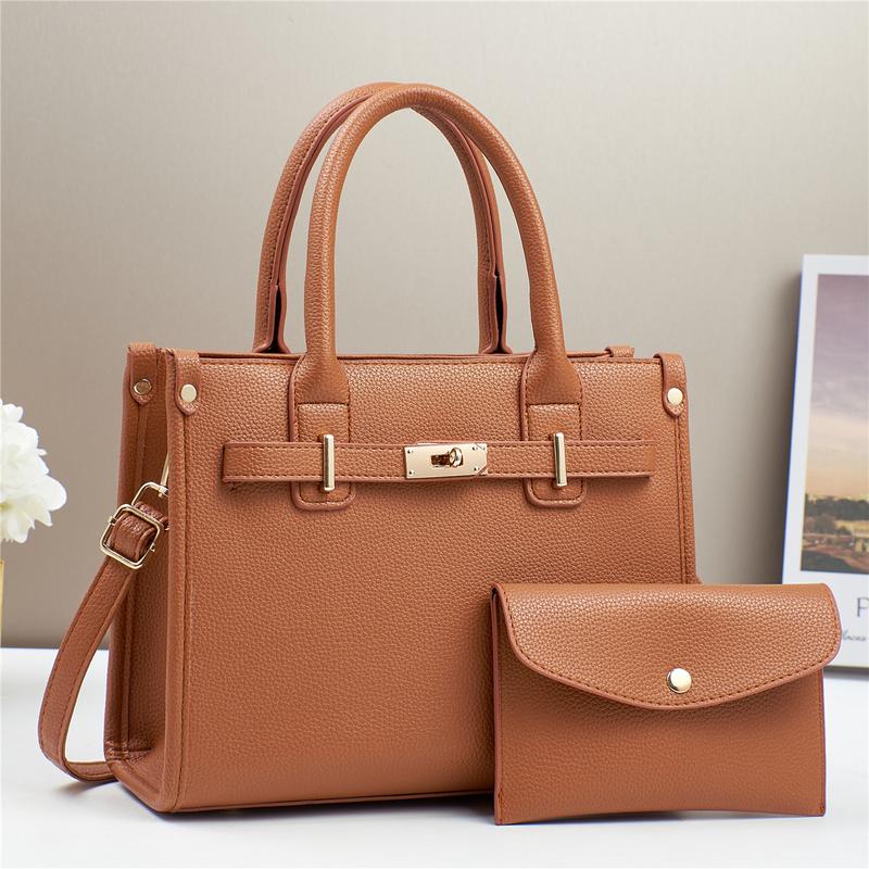 BIGWIG Women's Fashion Casual Solid Color Large Capacity Handbag Two-piece Set, Imitation Leather Handbag, Matching Wallet and Purse, Shoulder Crossbody Bag, PU Leather quality woman