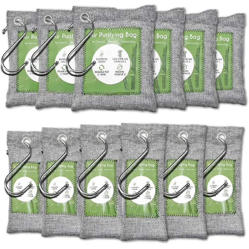 12 Pack Bamboo Air Purifying Bag, Activated Charcoal Bags Odor Absorber, Moisture Absorber, Natural Car Air Freshener, Shoe Deodorizer, Odor Eliminators For Home, Pet, Closet (6x50g, 6x150g)