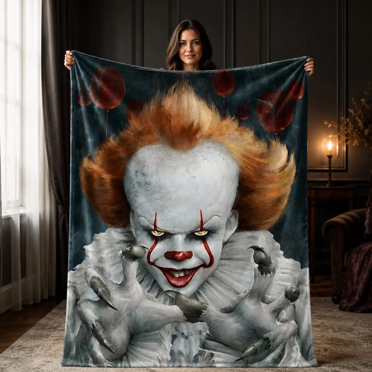 1pc Pennywise Clown Red Balloon Fleece Blanket, Dark Horror Movie Pennywise Thrilling Character Art Print, Soft Warm Nap Throw For Sofa, Bed, Office, Camping, Perfect Halloween Gift