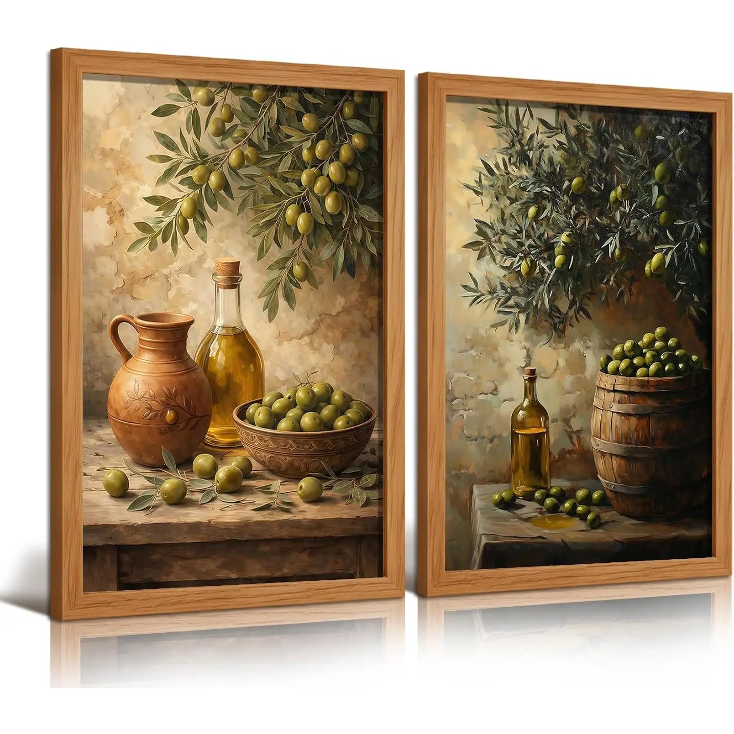 RQDJH 2Pcs Wood Framed Retro Olive Branch Wall Art, 12x16 Inch| Vintage Still Life Print Wall Art, Green Fruit Artwork for Walls, Rustic Olive Oil Wall Decor for Kitchen, Dining Room, Homes
